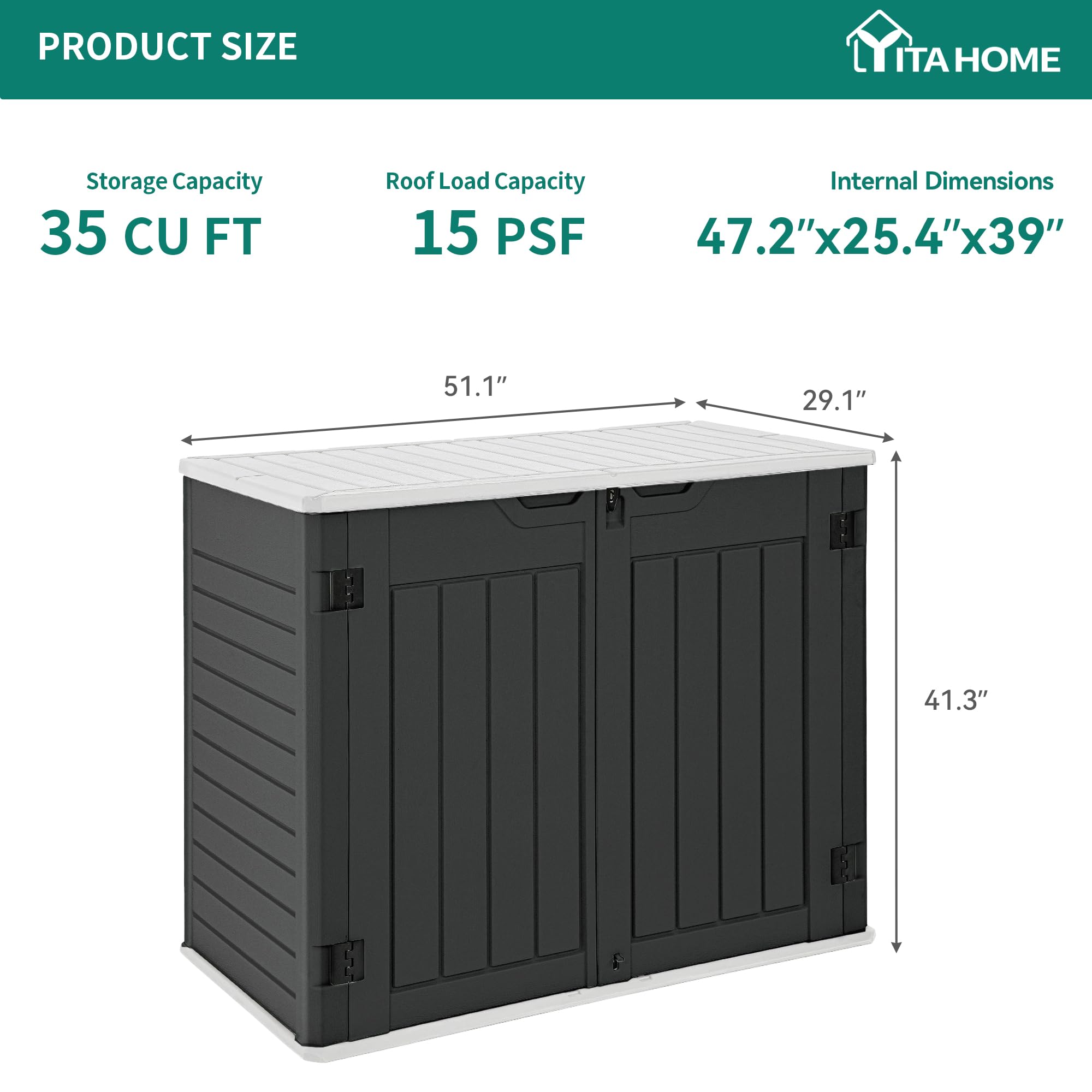 YITAHOME Outdoor Horizontal Storage Sheds w/o Shelf, Weatherproof Resin Tool Shed, Multi-Opening Door for Storage of Bike, Trash Cans, Garden Tools, 35 cu ft, Waterproof, Lockable, Dark Gray