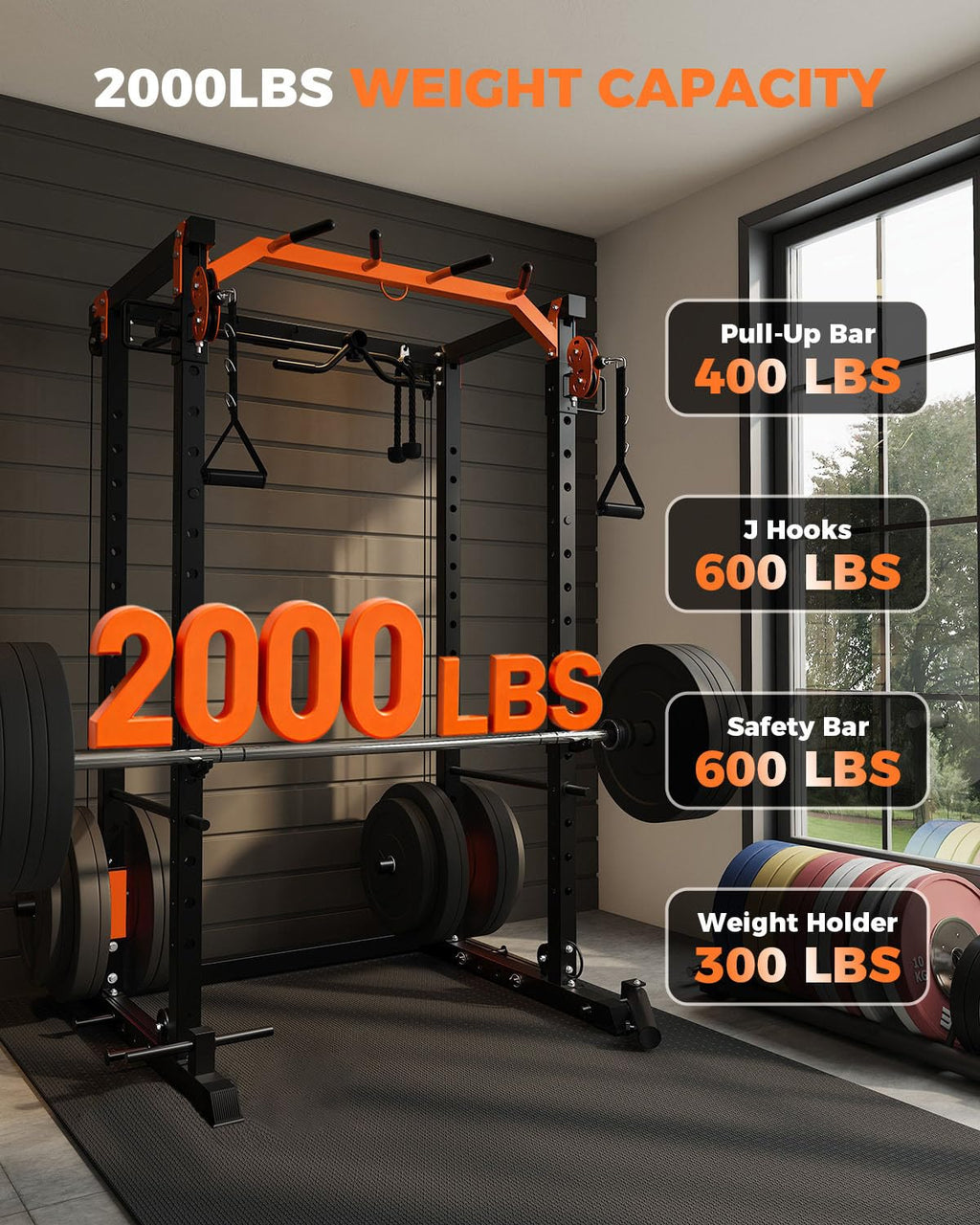 Power Cage, Power Rack with Cable Crossover System, 2000LBS Squat Rack with LAT Pull Down System, Workout Cage with Pulley System for Fitness Home Gym Strength Training, Orange & Black