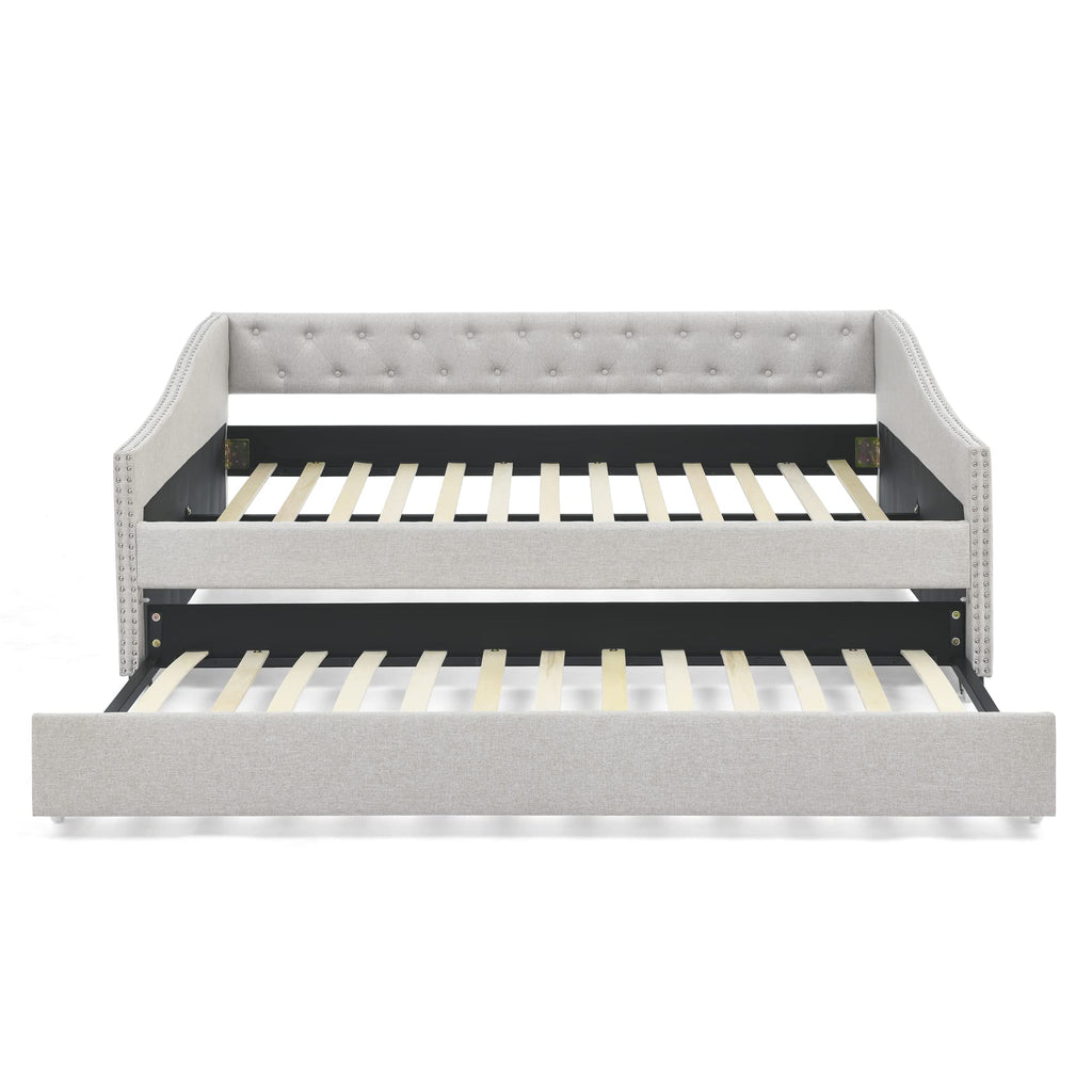 Favfurish Full Size Daybed with Twin Size Trundle, Upholstered Tufted Sofa Bed, with Nailhead Trim,with Button on Back,for Bedroom,Livingroom,Small Space,Beige (80.5''x55.5''x27.5'')