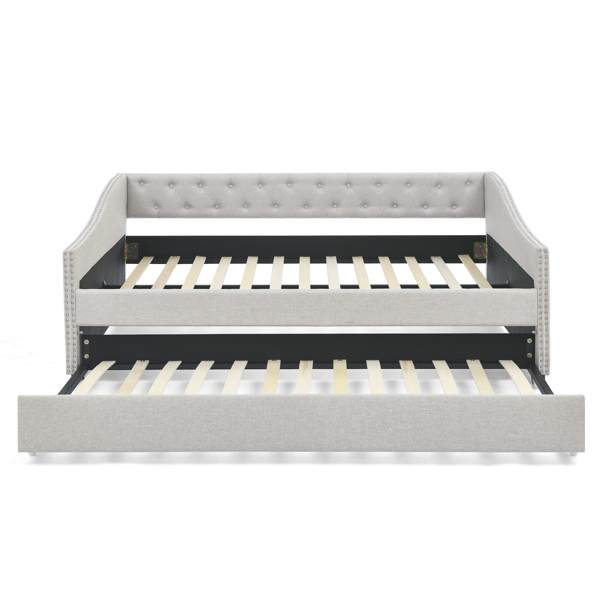 Favfurish Full Size Daybed with Twin Size Trundle, Upholstered Tufted Sofa Bed, with Nailhead Trim,with Button on Back,for Bedroom,Livingroom,Small Space,Beige (80.5''x55.5''x27.5'')