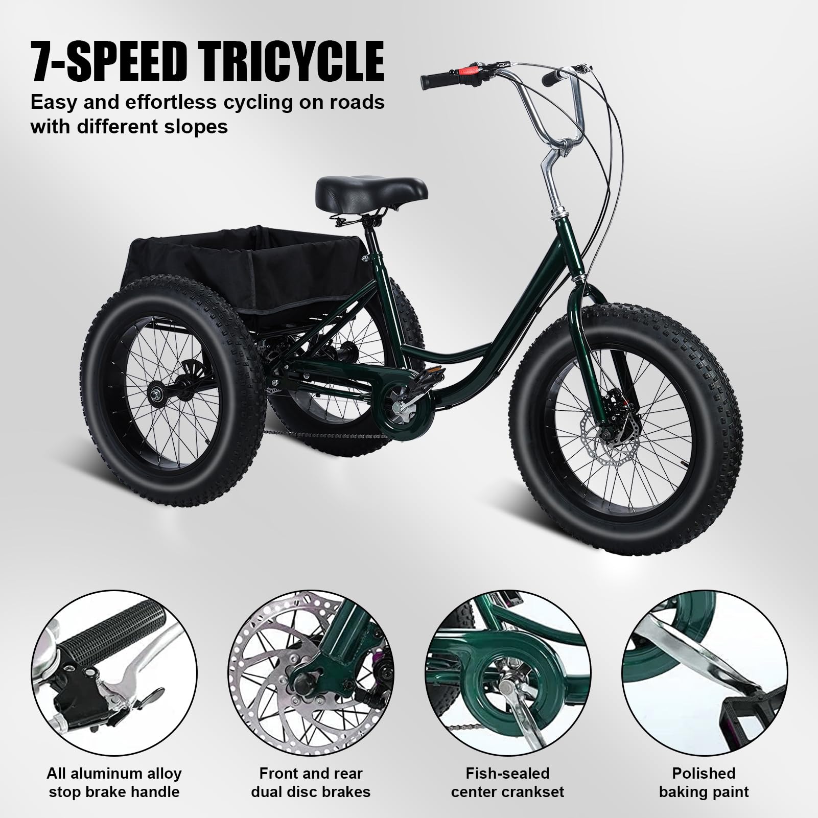 Smalibal [Fat Tires] 7-Speed Adult Tricycle 20 Inch - Stable 3 Wheel Bikes for Adults with Large Spacious Basket, Double Disc Brake, Picnic Shopping Tricycles for Seniors, Women, Men Black