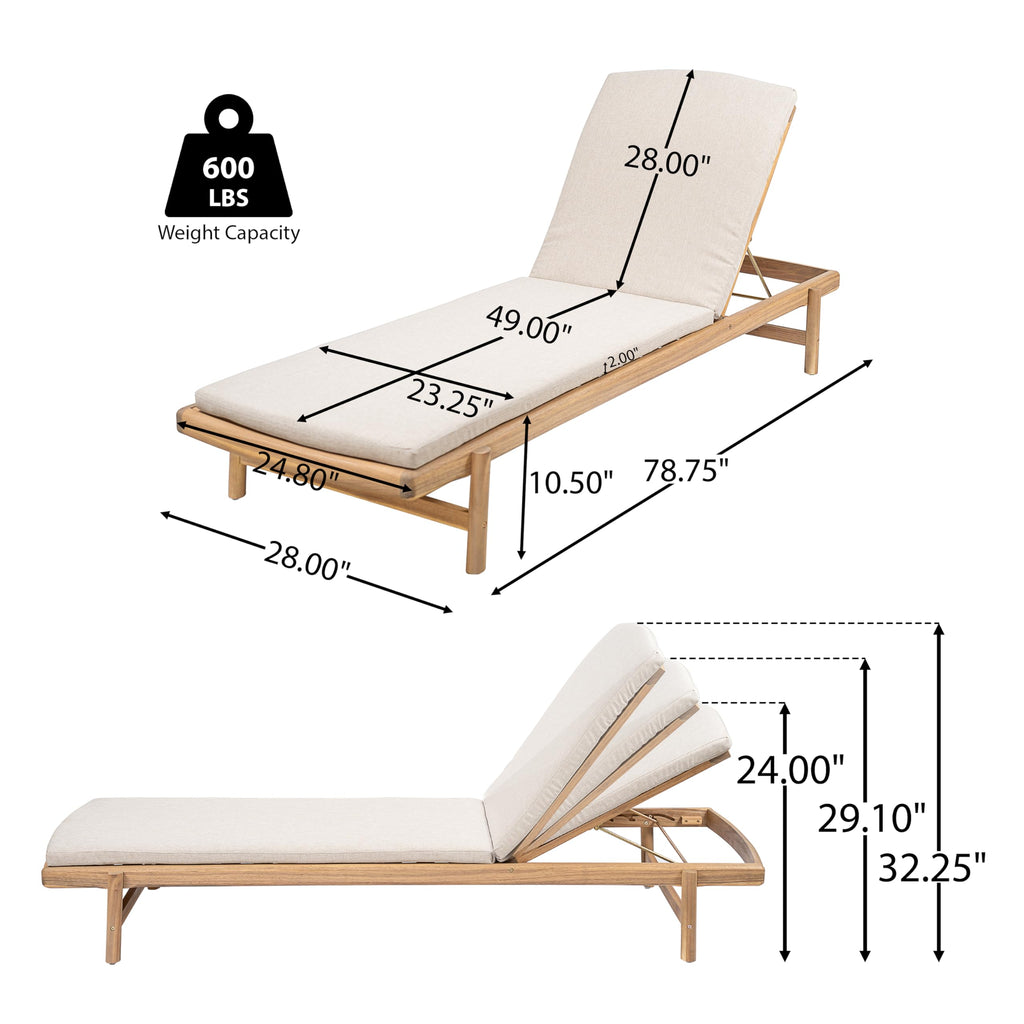 Christopher Knight Home Brolen Acacia Wood Chaise Lounge Chair Outdoor Set of 4, Patio Outdoor Chaise Lounge with Cushions, Adjustable Backrest Lounge Sofa, Wooden Sunbathing Pool Lounger, Teak+Beige