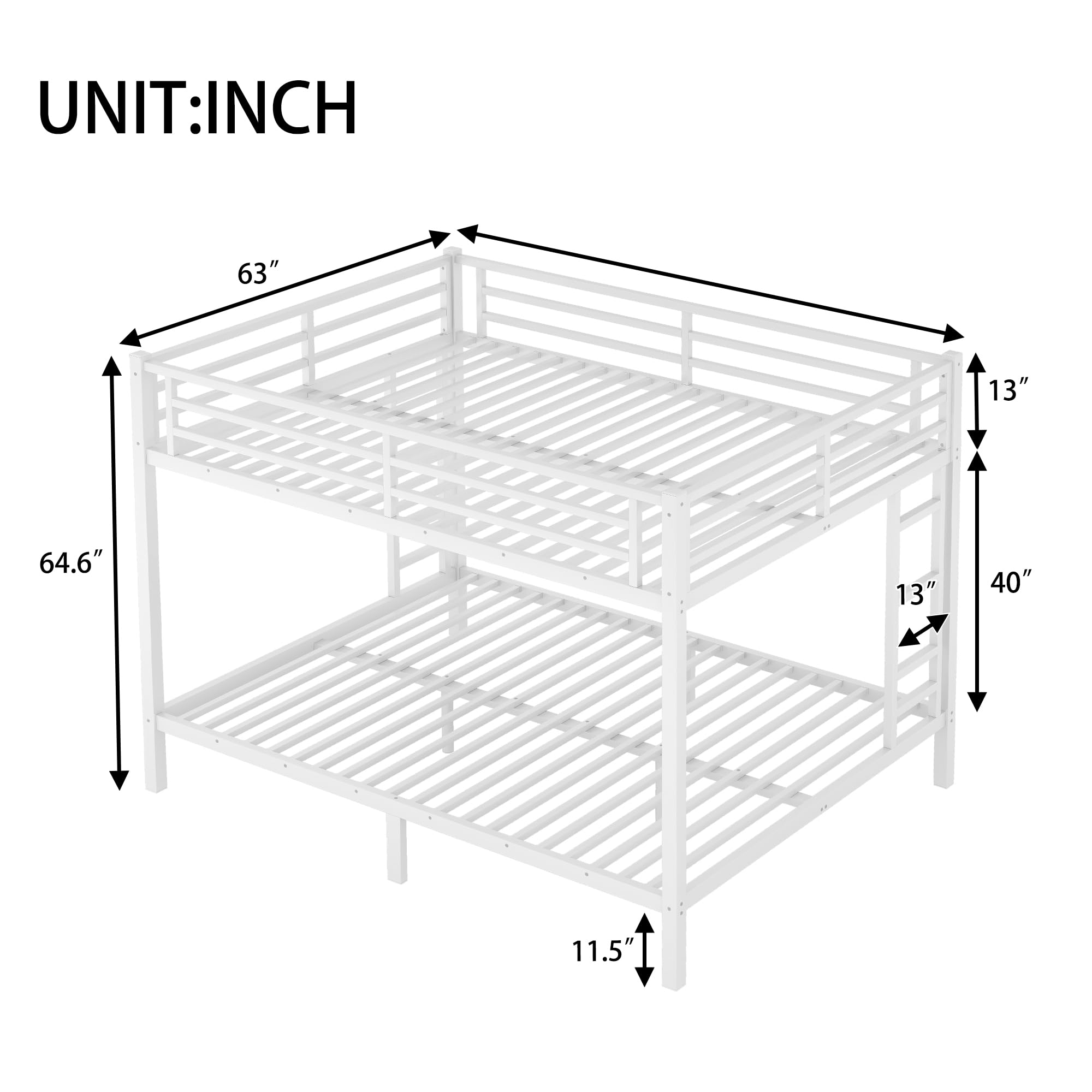 Queen Over Queen Bunk Bed for Adults, Teens, Heavy Duty Bunk Beds with 2 Ladder and Safety Guardrails, Adults Bunk Beds with Noise-Reducing Rubber Stoppers, Easy Assemble, White