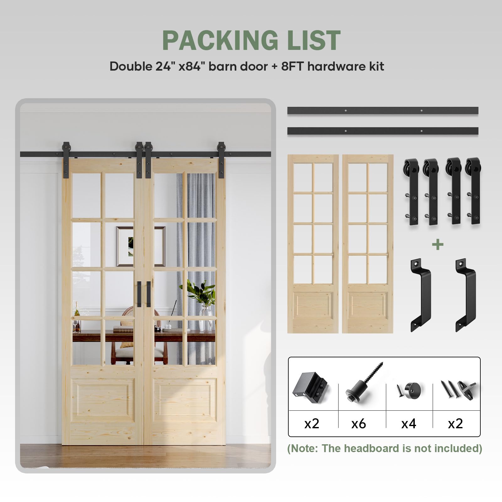 Roymelo Preassembled 48x84 (Double 24x84) Inch Clear Glass French Interior Door with 8Ft Barn Door Hardware Kit Included, Spruce Wood Support DIY Dyeing, Easy Assembly