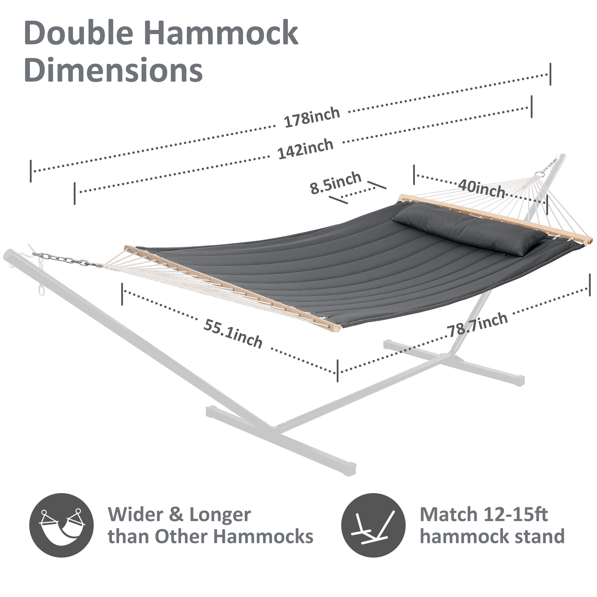 SUNCREAT Hammocks Double Hammock with Wooden Stand Included, Outdoor Hammocks for Outside, 475 lbs Capacity, Dark Gray