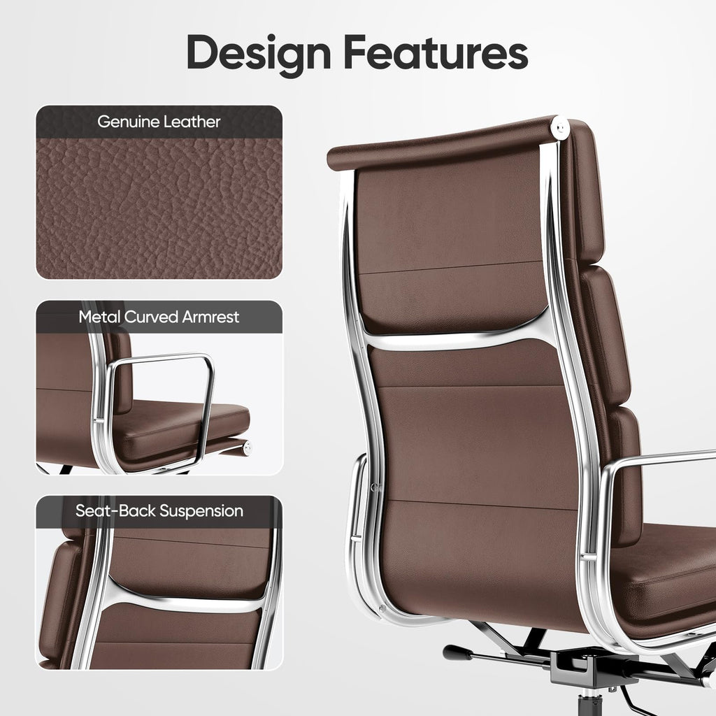OTDMEL Genuine Leather Office Chair, Padded High Back Ergonomic Executive Desk Chair with Aluminum Arm Rest and Base, Swivel Wheels with Lumbar Support & Tilting Function, Hight Adjustable, Dark Brown