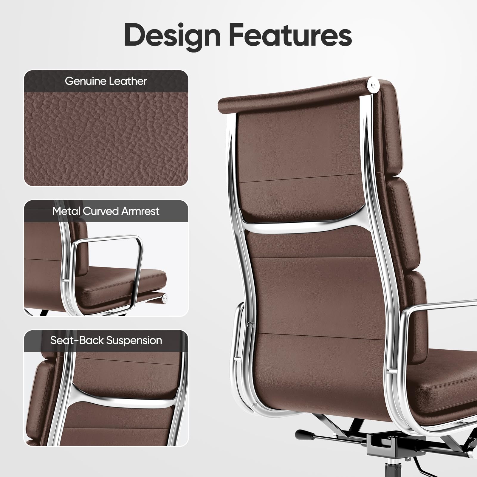 OTDMEL Genuine Leather Office Chair, Padded High Back Ergonomic Executive Desk Chair with Aluminum Arm Rest and Base, Swivel Wheels with Lumbar Support & Tilting Function, Hight Adjustable, Dark Brown