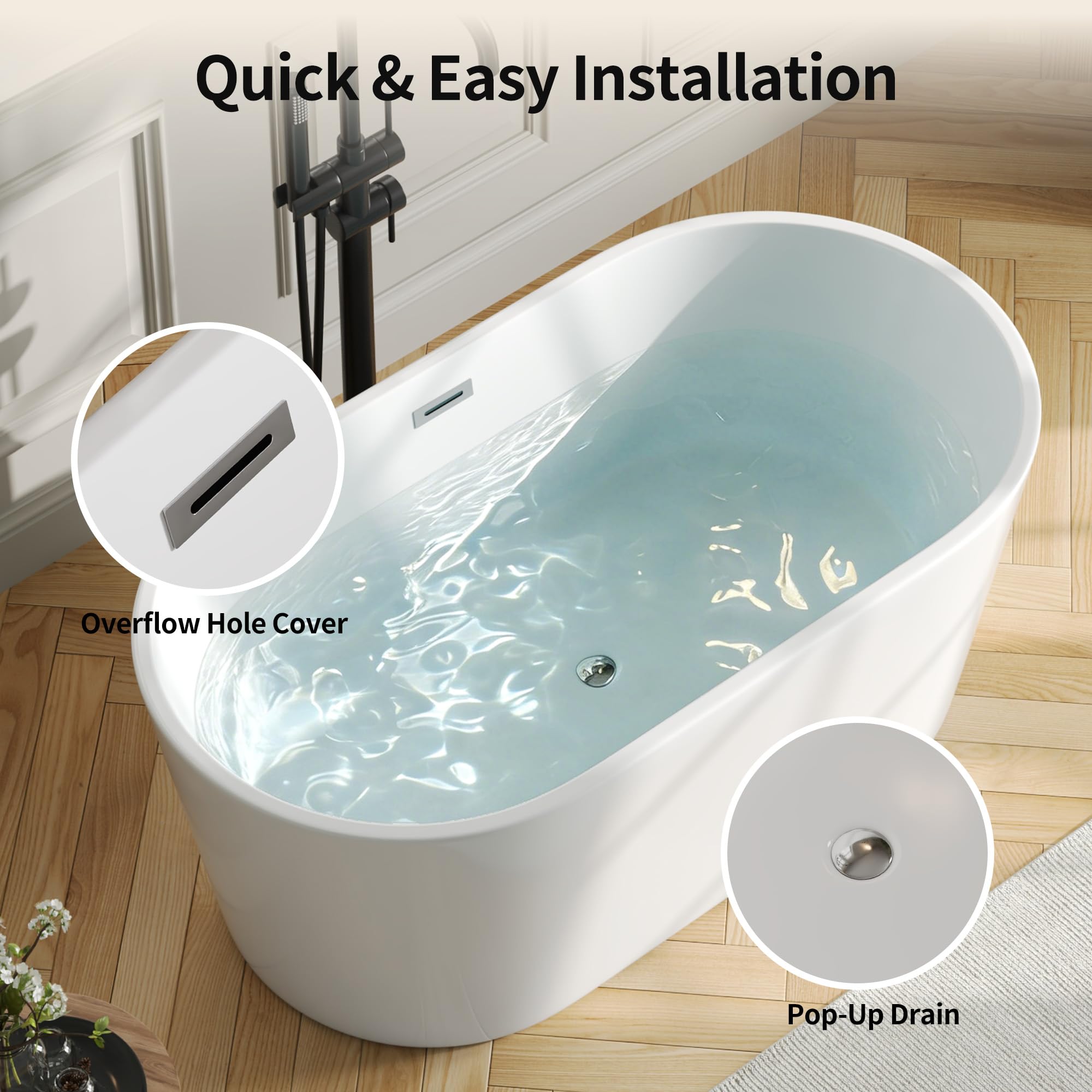 DeerValley 55" Acrylic Freestanding Bathtub, Deep Soaking Tub with Center Drain & Integrated Overflow, White Standalone Shower Tub Ergonomic Design, DV-1T0582