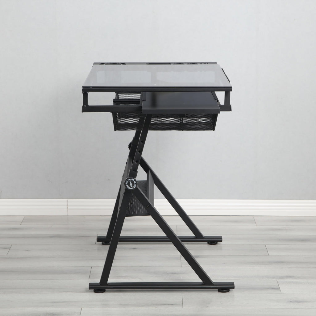 YJSPSSW Black Adjustable Tempered Glass Drafting Table with Chair, 5mm Thick Glass, 0-75° Tilt, 2 Metal Drawers, Side Storage Strips, Adjustable Legs for Office & Painting