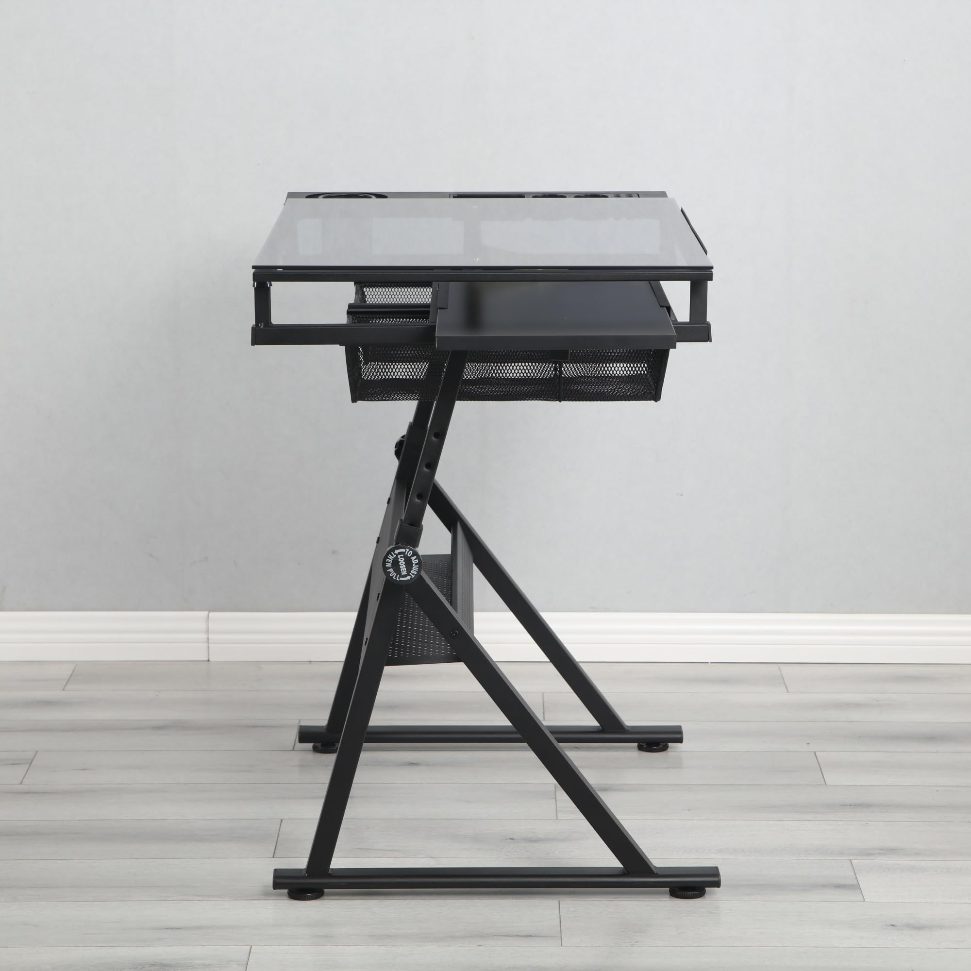 YJSPSSW Black Adjustable Tempered Glass Drafting Table with Chair, 5mm Thick Glass, 0-75° Tilt, 2 Metal Drawers, Side Storage Strips, Adjustable Legs for Office & Painting