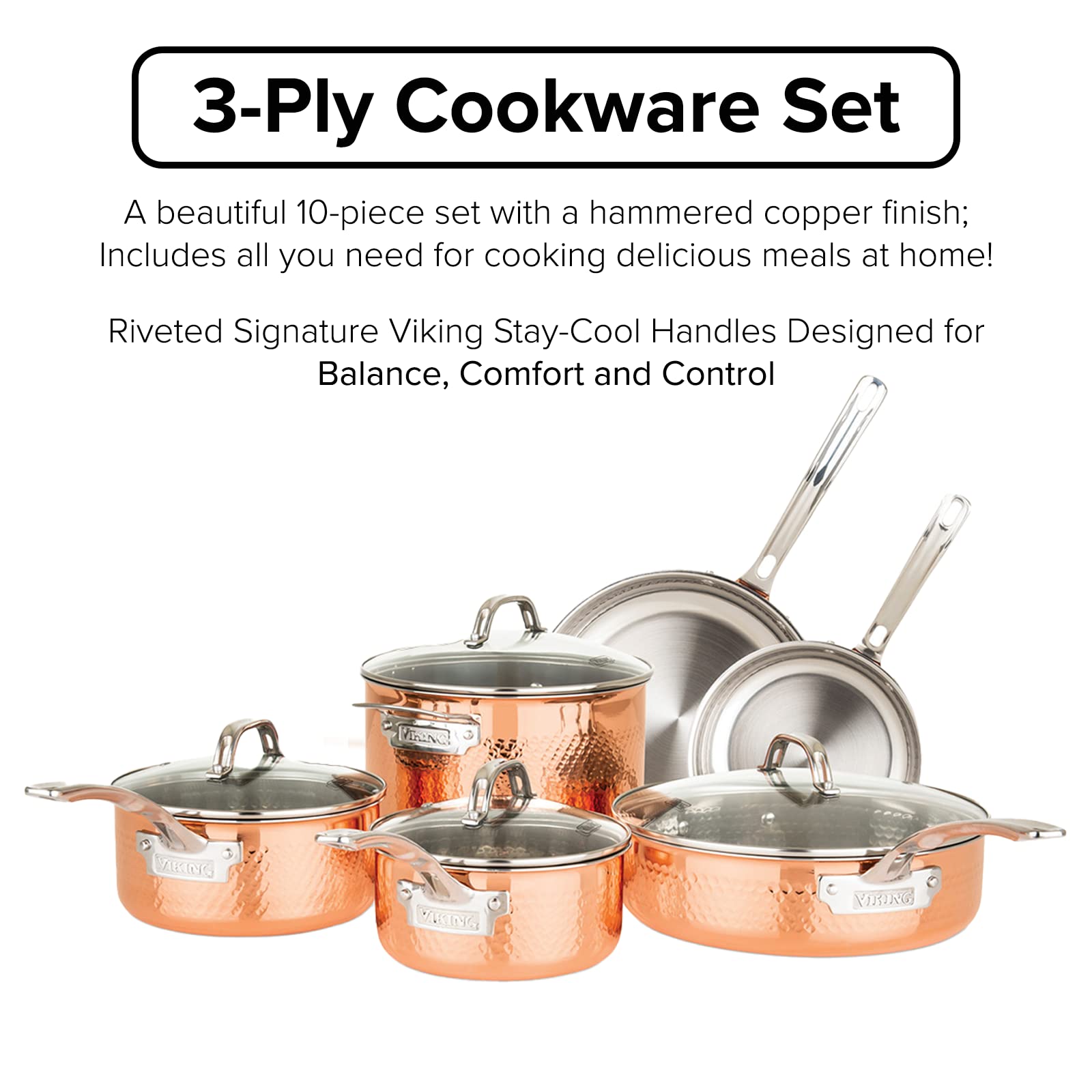Viking Culinary 3-Ply Stainless Steel Hammered Copper Clad Cookware Set, 10 Piece, Oven Safe & Culinary 304 Stainless Steel Kitchen Utensil Set, Ergonomic Stay-Cool Handles