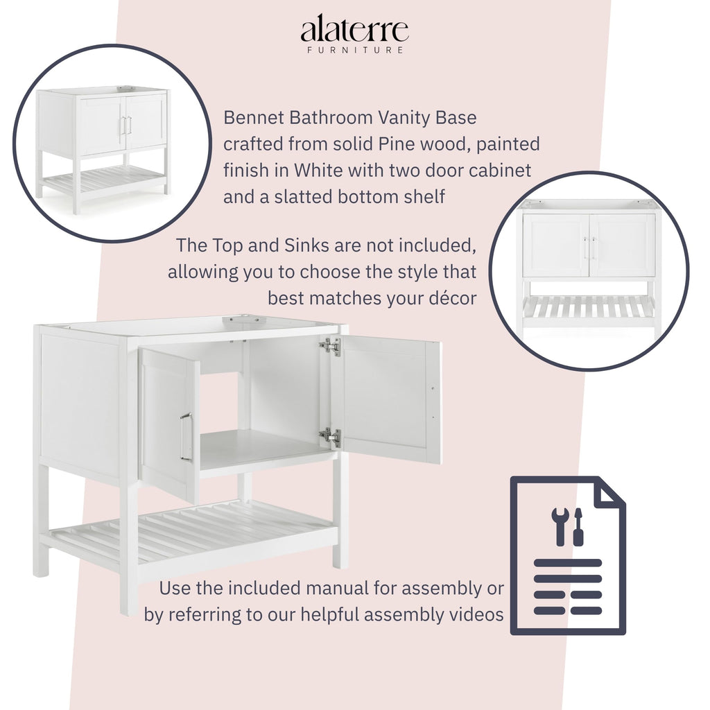 Alaterre Furniture Bennet Bathroom Vanity Without Sink – 36" Freestanding Wood Vanity Cabinet with Soft-Close Shaker Doors, Single Sink Base (White)