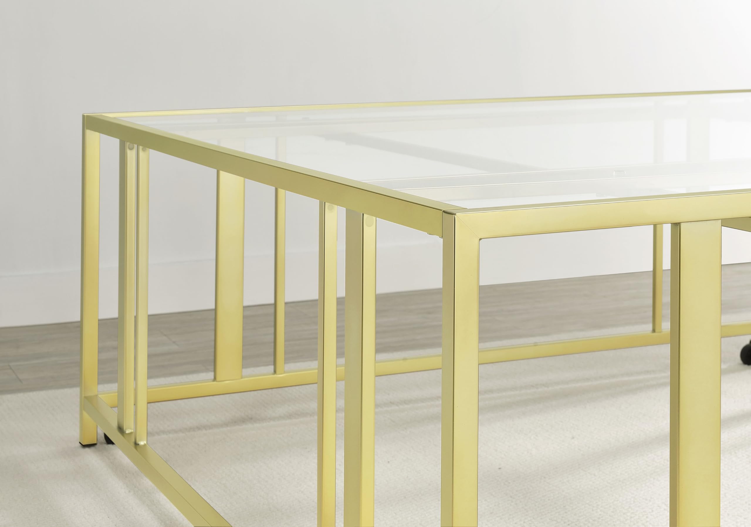 Coaster Home Furnishings - Adri - Square Glass Top Coffee Table with Geometric Base and Mobile with Rolling Casters - Contemporary - Living Room - Matte Brass - 710188