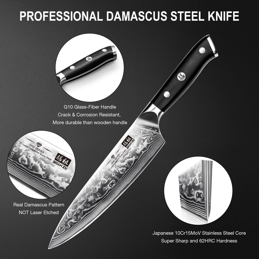 SHAN ZU Damascus Kitchen Knife Set, 7-Piece Professional Knife Sets for Chefs, Japanese Super Steel Damascus Kitchen Knife Set With G10 Handle Knife Block Set