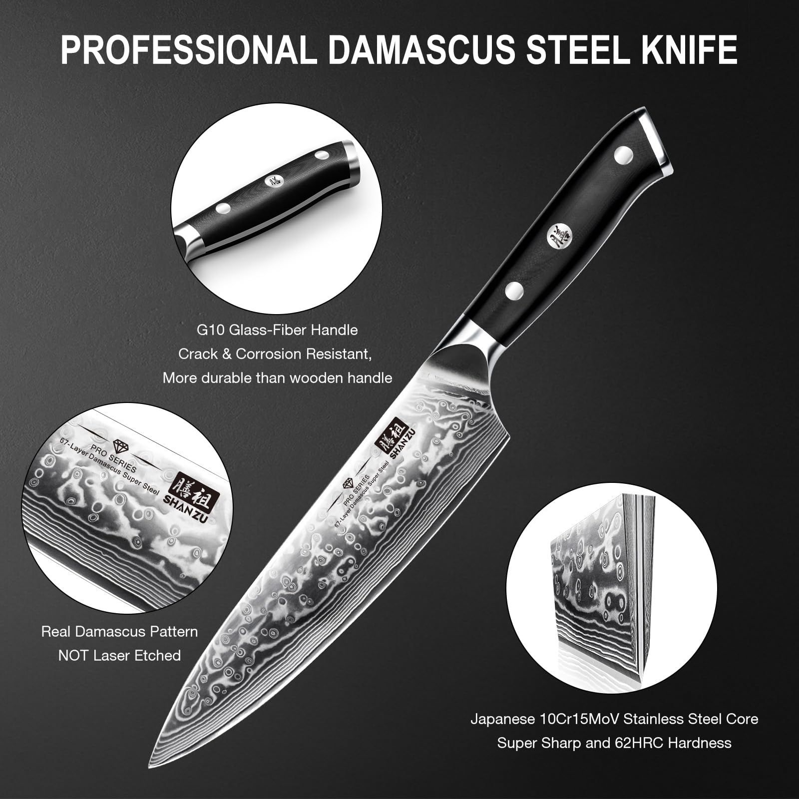 SHAN ZU Damascus Kitchen Knife Set, 7-Piece Professional Knife Sets for Chefs, Japanese Super Steel Damascus Kitchen Knife Set With G10 Handle Knife Block Set