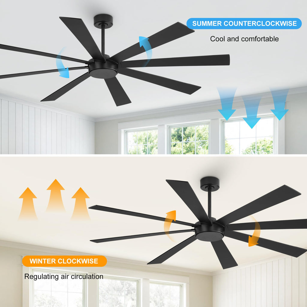 WINGBO 60" Black Ceiling Fan without Light, Modern Large Ceiling Fan with Remote Control, 6-Speed Reversible Noiseless DC Motor, Black/Driftwood Blades for Living Room, Bedroom & Covered Outdoor