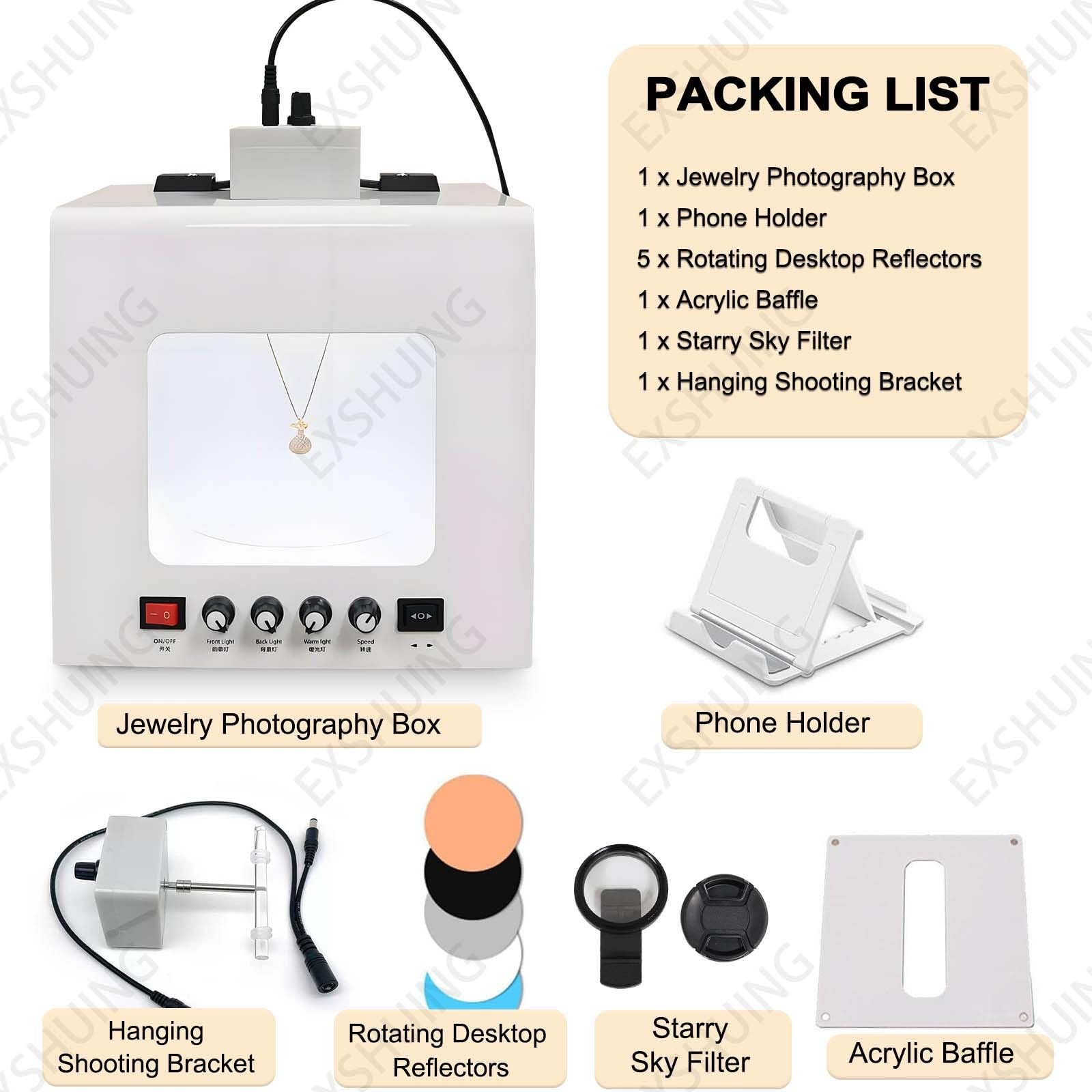 EXSHUING Jewelry Hanging Photography Kit, Product Photography Box – 360° Rotating & Hanging Support, 4 Led Fill Lights, Dimmable Brightness, 3000-5500k, 1kg/2.2lbs Turntable, Rings, Necklaces(TB30)
