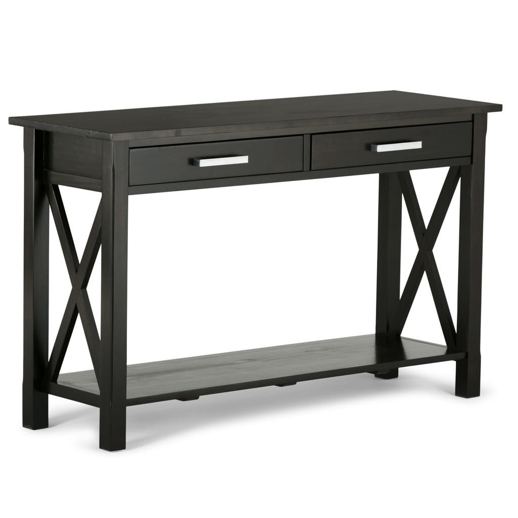 SIMPLIHOME Kitchener Console Table - 47 Inch Wide Solid Wood Sofa Table in Hickory Brown, Contemporary Storage Table for Entryway or Living Room with 2 Drawers, Bottom Shelf, and X-Design Side Panels