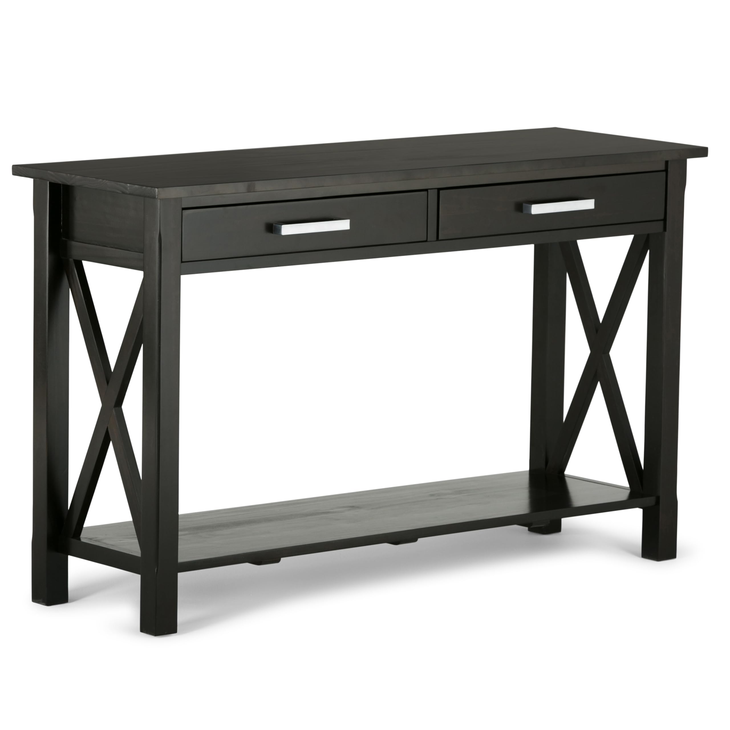 SIMPLIHOME Kitchener Console Table - 47 Inch Wide Solid Wood Sofa Table in Hickory Brown, Contemporary Storage Table for Entryway or Living Room with 2 Drawers, Bottom Shelf, and X-Design Side Panels