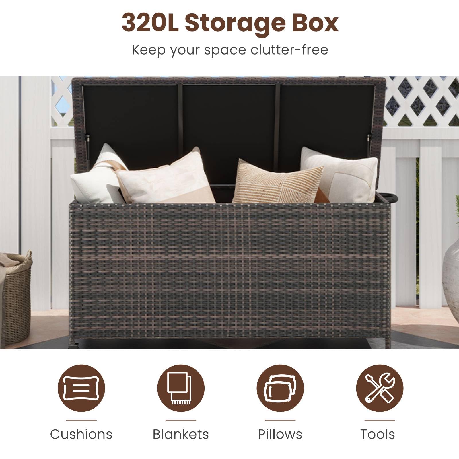 TANGZON 320L Garden Deck Box, Patio Cabinet Container with Polyester Liner, Universal Wheels & Gas Strut, Indoor Outdoor Storage Box for Pillows, Cushions & Tools (with Regularly-Woven Rattan, Brown)