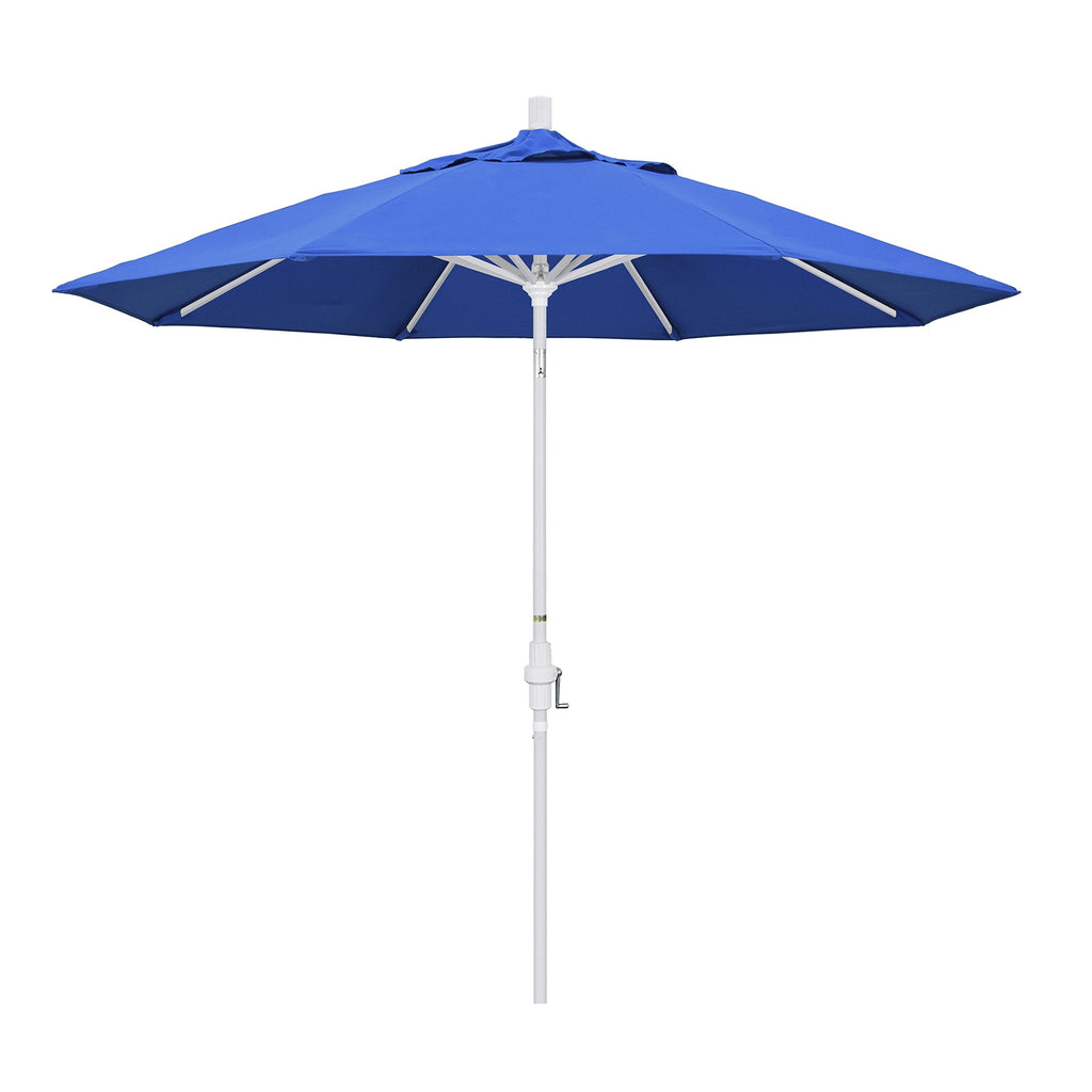 California Umbrella 9' Round Aluminum Market Umbrella, Crank Lift, Collar Tilt, White Pole, Royal Blue Olefin