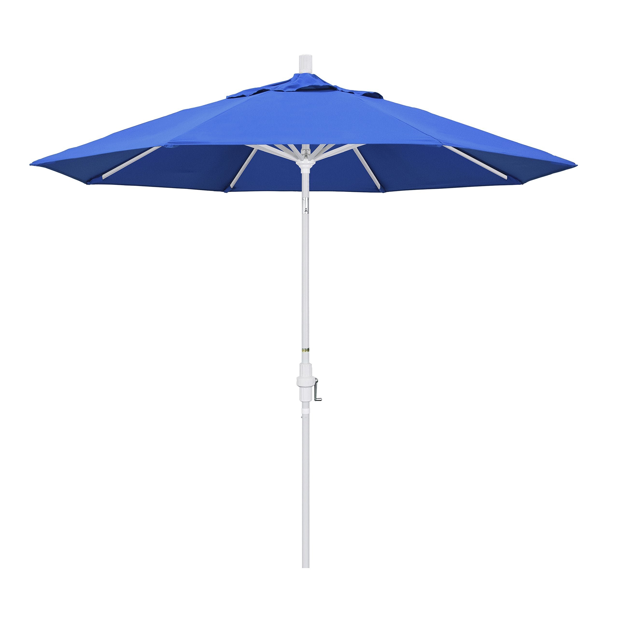 California Umbrella 9' Round Aluminum Market Umbrella, Crank Lift, Collar Tilt, White Pole, Royal Blue Olefin