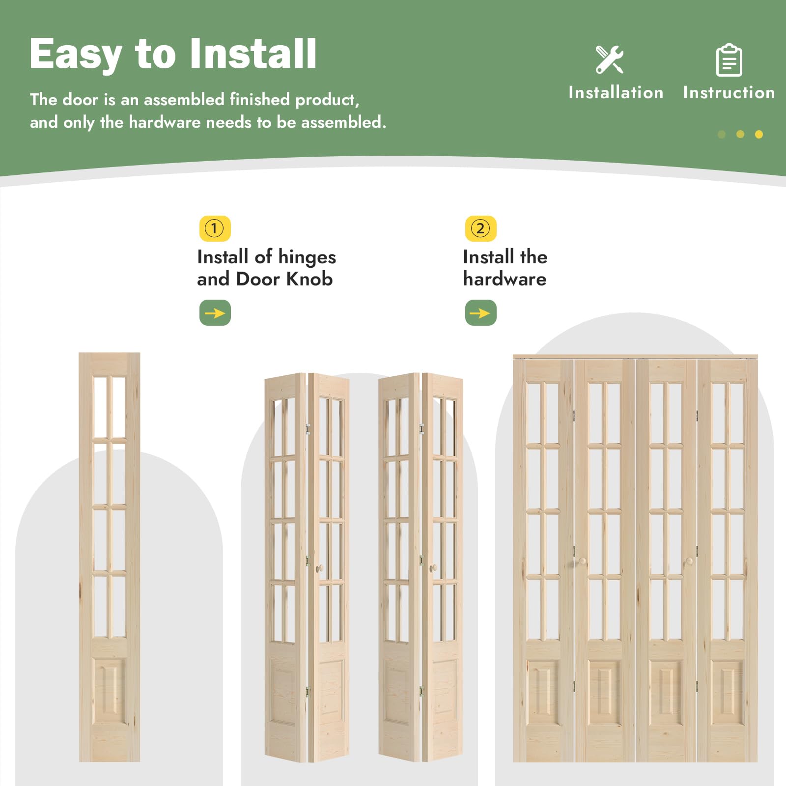 Roymelo Bifold Doors for 48"×80" (Four 12x80) Opening, Clear Glass French Interior Folding Barn Door with Concealed Hardware Kit Included, Spruce Wood Support DIY Dyeing, Preassembled Door, Save Space