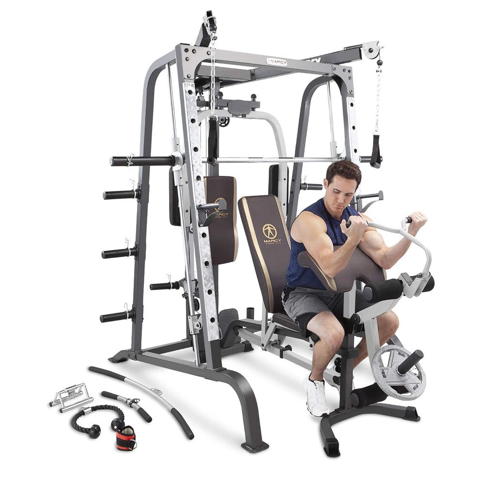 Marcy Power Cage, 1900 lbs Multi-Functional Smith Machine Cage System for Home Gym Training, with Leg Developer, Press Bar, and Squat Rack, Silver