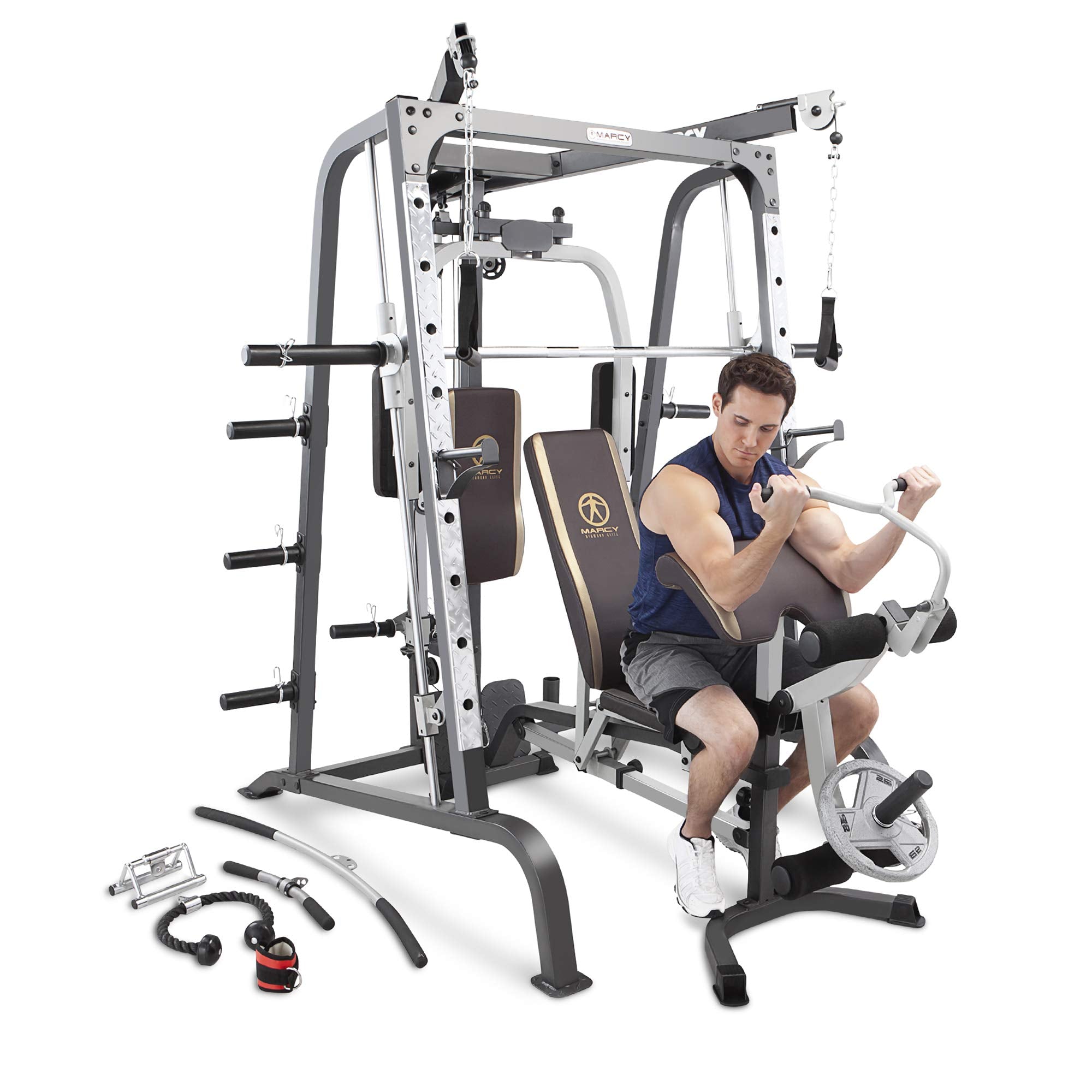Marcy Power Cage, 1900 lbs Multi-Functional Smith Machine Cage System for Home Gym Training, with Leg Developer, Press Bar, and Squat Rack, Silver