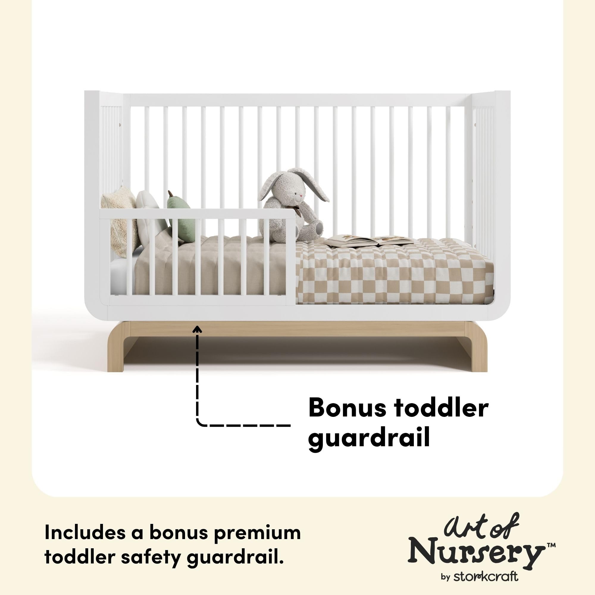 Storkcraft Santorini 5-in-1 Convertible Crib with Toddler Guardrail – GREENGUARD Gold Certified, Conversion Kit Included, 100% Solid Wood, Fits Standard Crib Mattress (White and Driftwood)