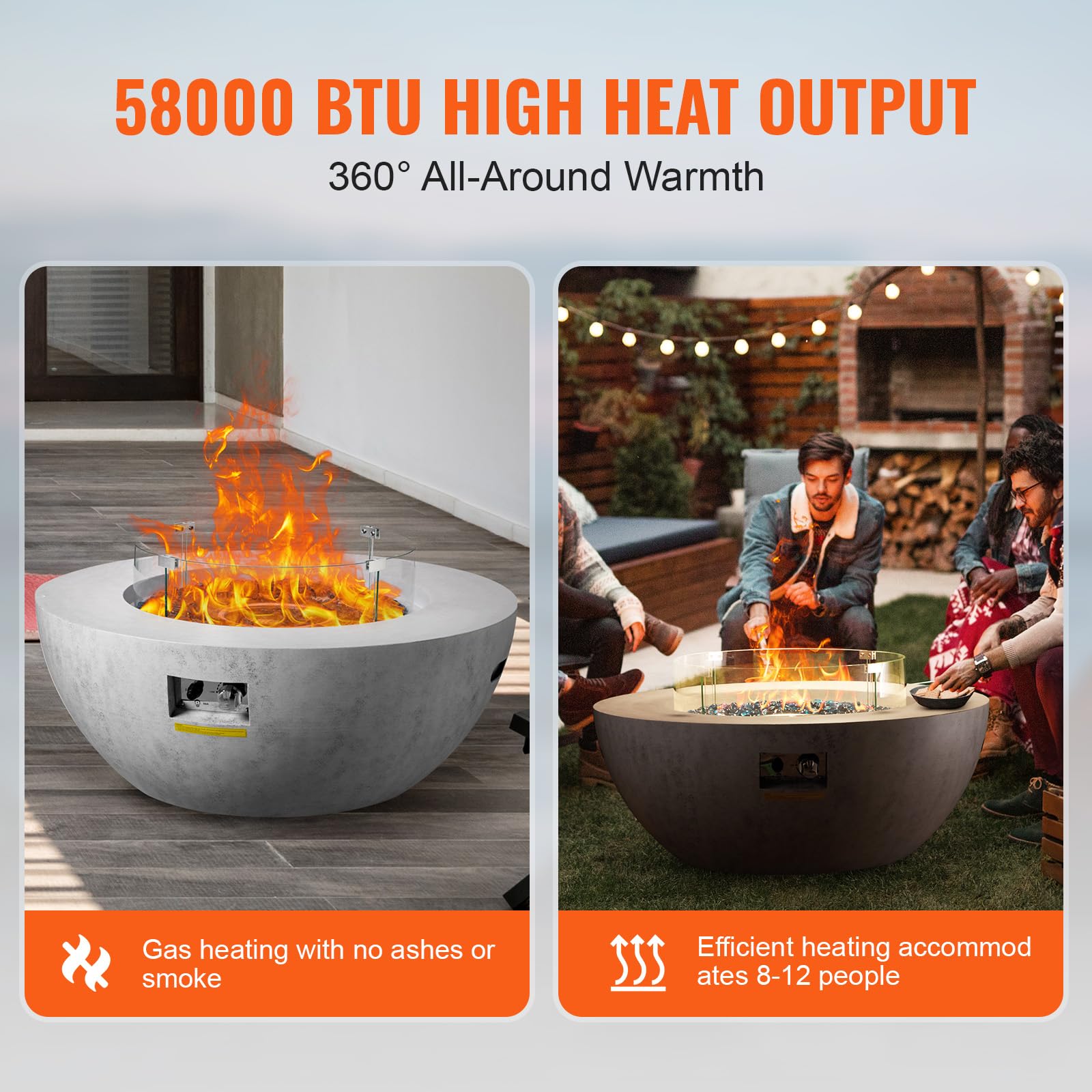 VEVOR Propane Fire Pit, Outdoor Concrete Gas Fire Pit, 39 in Tabletop with Lava Rocks, Lid,Rain Cover,Adjust Flame Height Camping Firepit for Heating, Lighting, 50000 BTU
