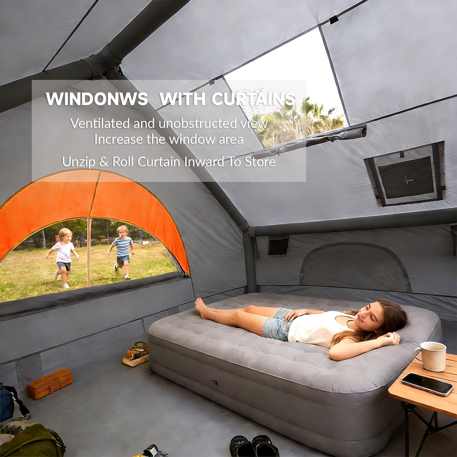 AORZCOR Inflatable Camping Tents, Easy Setup Blow up Tent with Hand Pump, 2-4 Person, Glamping Tents with Stove Jack, Tent with Skylight, Waterproof, 4 Season (Grey)