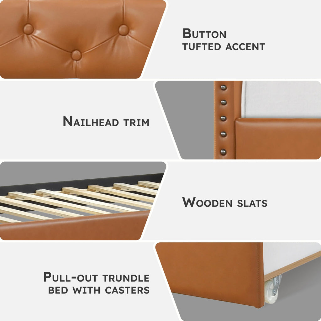Lexicon Faux Leather Daybed with Trundle, Solid Wood Frame, Nailhead Trim, Wood Slat Support, Button Tufted Trundle Day Bed Sofa Bed for Bedroom/Guest Room, No Box Spring Needed, Twin, Matte Brown