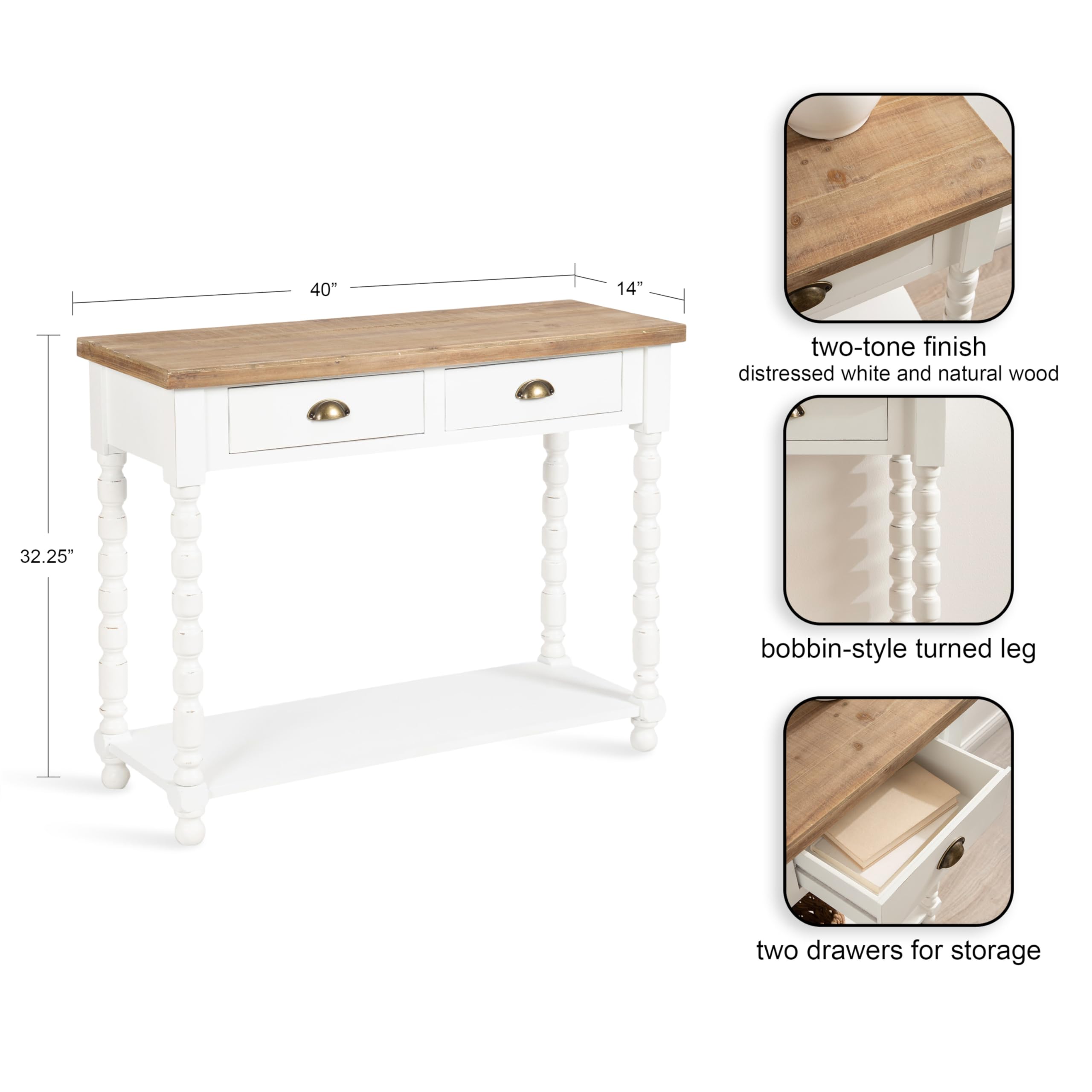 Kate and Laurel Rutledge Coastal Wooden Console Table with Shelf; 40 x 14 x 33; Hazelnut and White; Traditional Wood Entryway Table with Drawers and Decorative Turned Legs for Entry Storage Options
