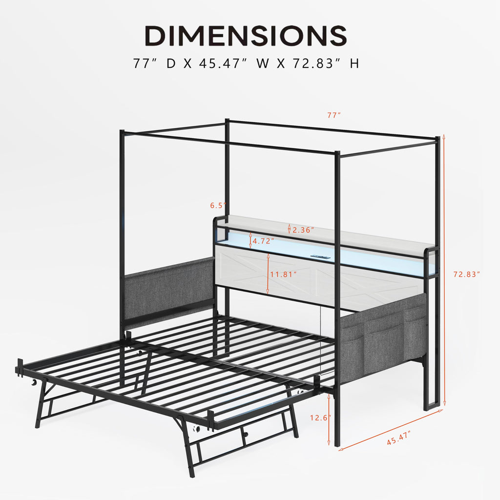 DNYN Metal Daybed with Pop-up Trundle and 4 Poster for Bedroom/Guest Room, Twin Size Heavy-Duty Canopy Bed Frame with USB Ports and Storage Headboard, Space-Saving & No Box Spring Needed