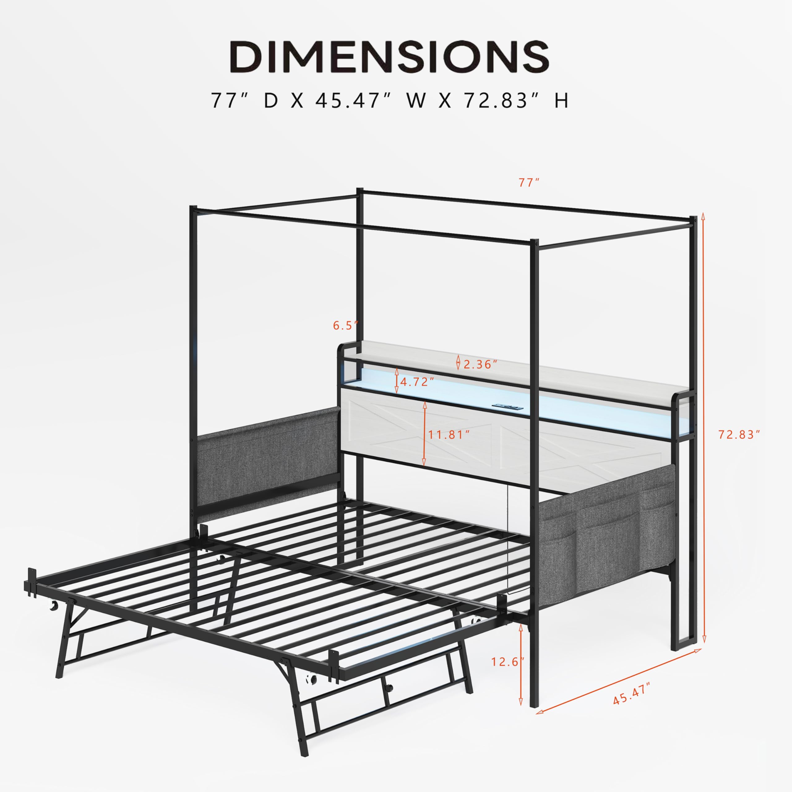 DNYN Metal Daybed with Pop-up Trundle and 4 Poster for Bedroom/Guest Room, Twin Size Heavy-Duty Canopy Bed Frame with USB Ports and Storage Headboard, Space-Saving & No Box Spring Needed