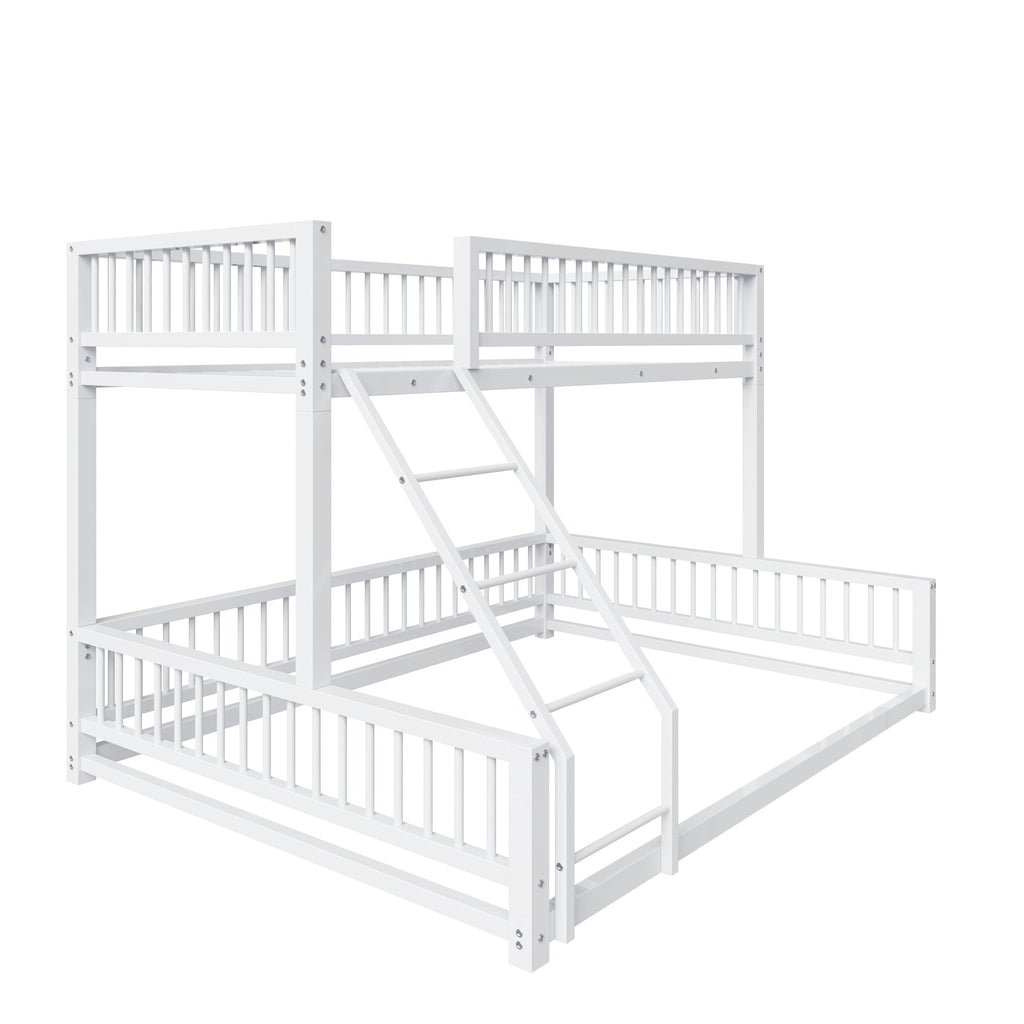 Bellemave Metal Twin XL Over Queen bunk Bed, Floor Twin XL Over Queen Bunk Bed Frame with Ladder and Safety Guardrails, White