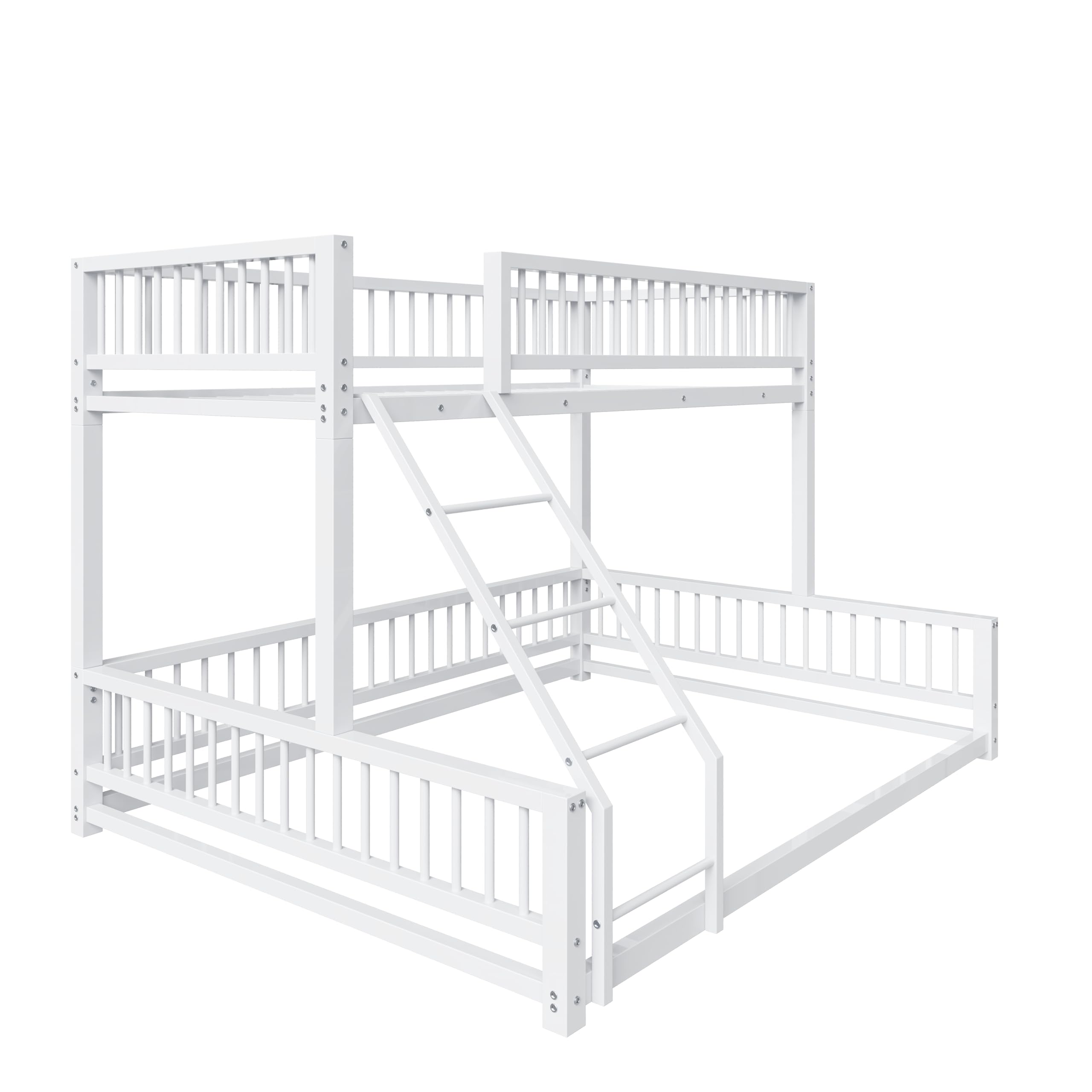 Bellemave Metal Twin XL Over Queen bunk Bed, Floor Twin XL Over Queen Bunk Bed Frame with Ladder and Safety Guardrails, White