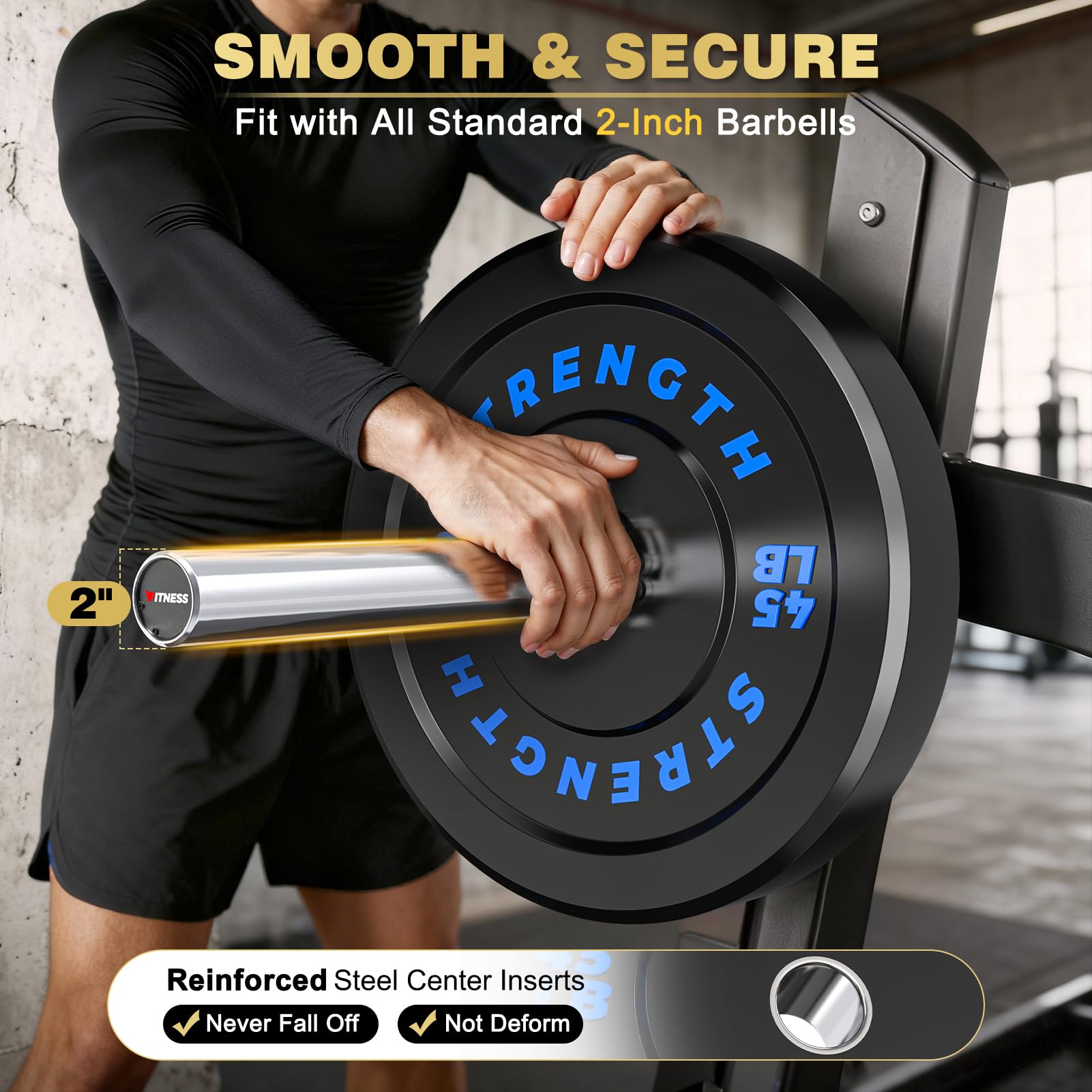 Rendpas 2-Inch Olympic Bumper Plates, 100% Virgin Rubber Low Bounce Barbell Weight for Home Gym Strength Training, 10lb-45lb Black with Color-Coded
