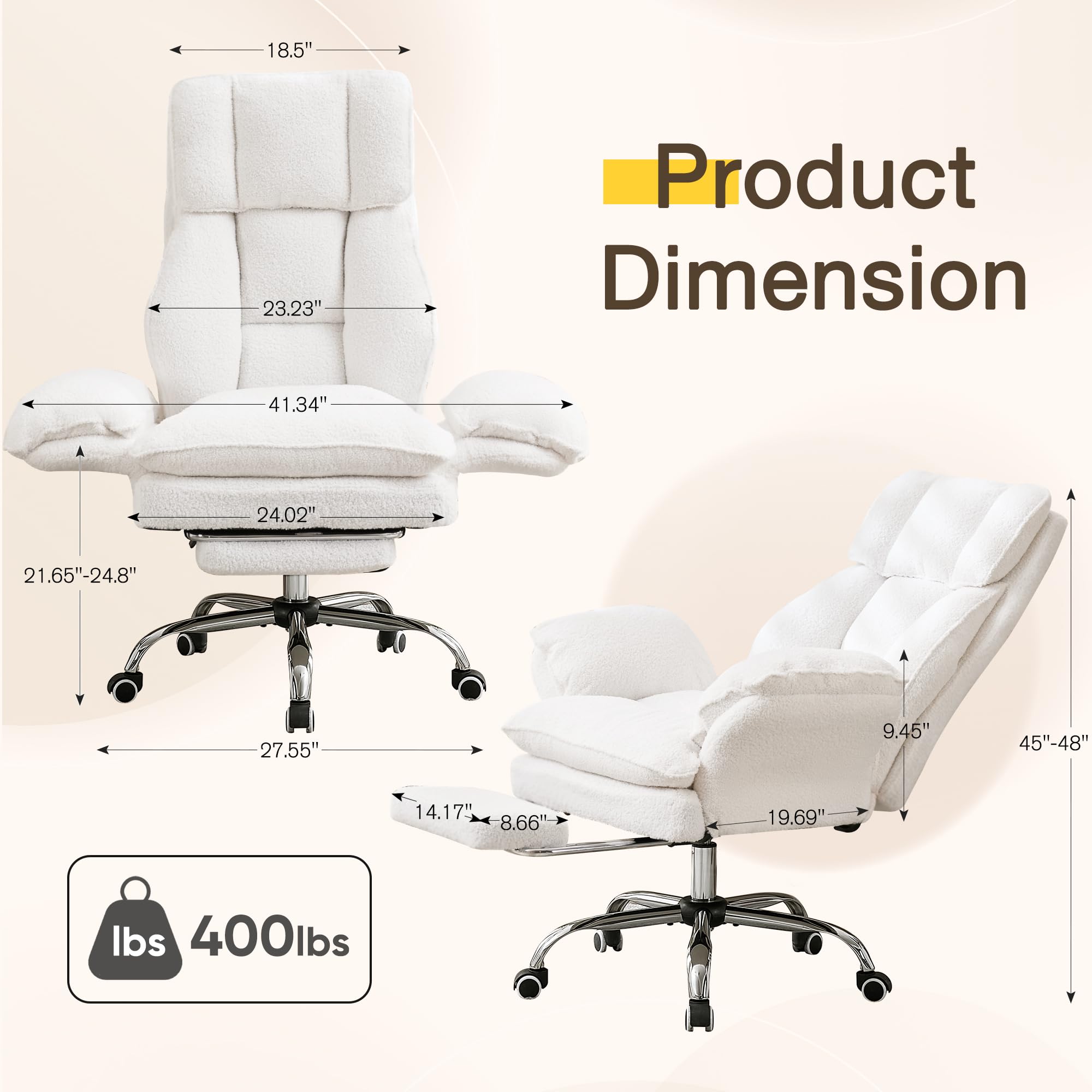 Ergonomic Cloud Cross Legged Office Chair with Footrest,Teddy Fleece Big and Tall Executive Chair with Wheels,Reversible Armrest,155° Reclining Computer Wide Desk Chair for Home,Office (White)