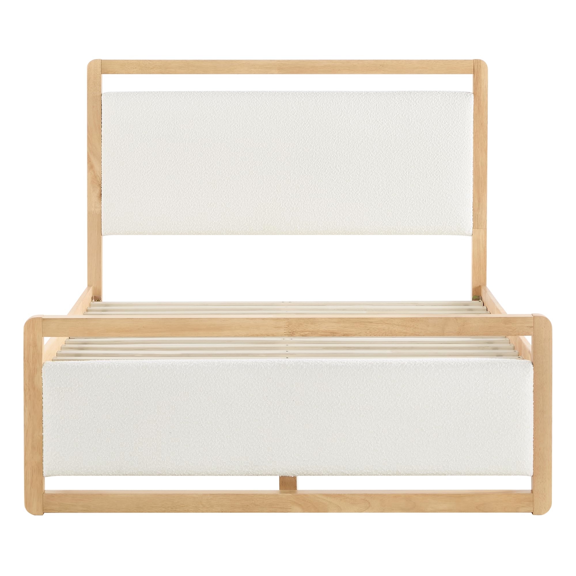 KISLOT Queen Wood Platform Bed Frame with Boucle Upholstered Headboard, Mid-Century Modern Bed with USB Charging Station, Solid Wood Slat Support, Noise-Free, No Box Spring Needed, Natural