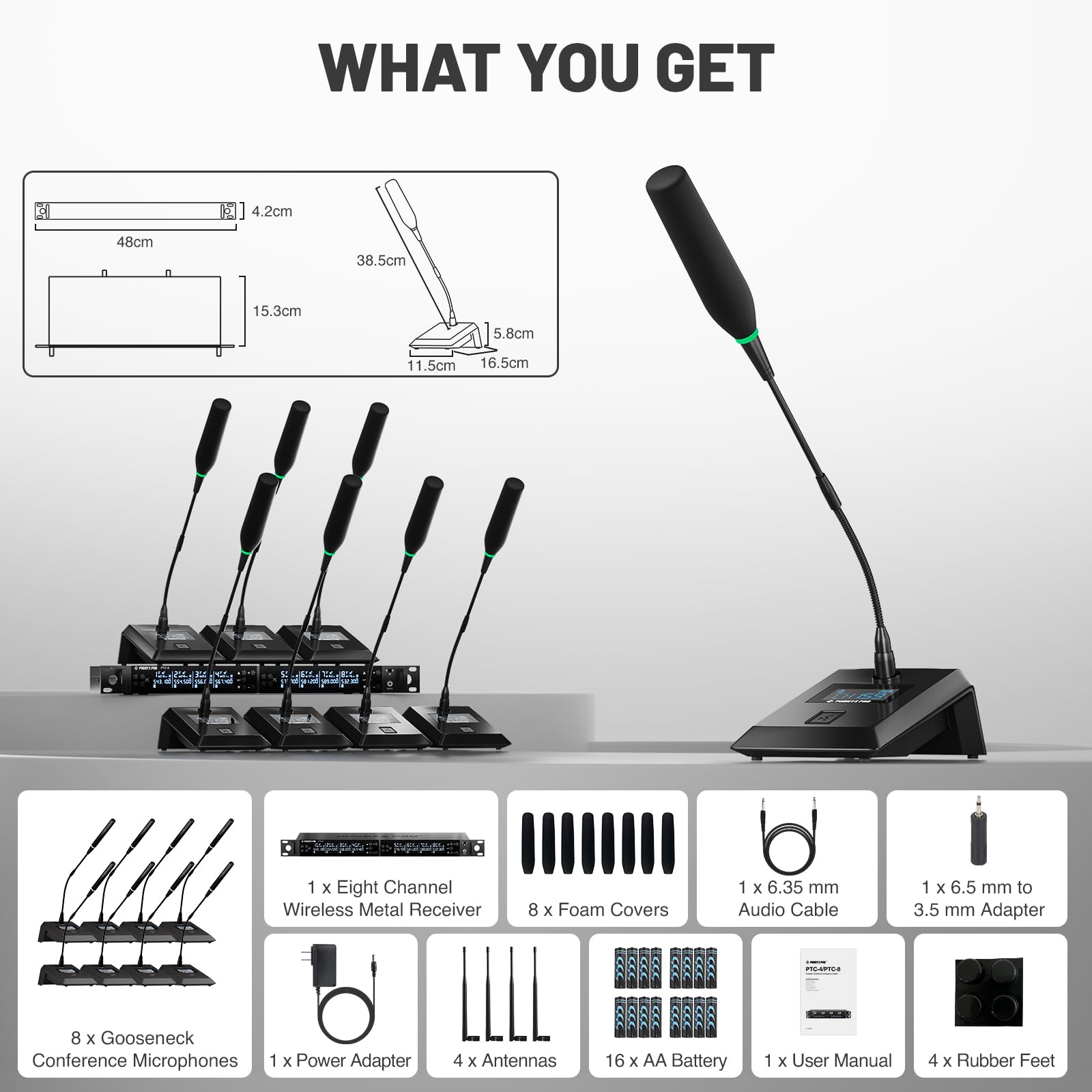 Phenyx Pro 8-Channel Wireless Conference Microphone System, Wireless Podium Microphone with 8x25 UHF Frequencies, Auto Scan, 8 Gooseneck Mics for Lecture, Church, Conference, Public Speaking (PTC-8)