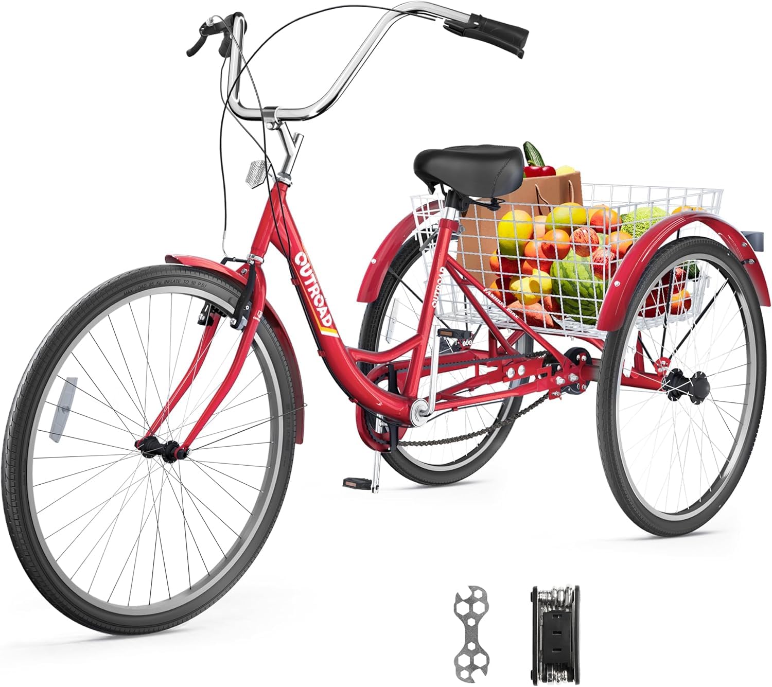 Brightpeak 24-Inch Adult Tricycle with 7 Speeds & Large Rear Basket, Perfect for Seniors & Leisurely Outings (Red)