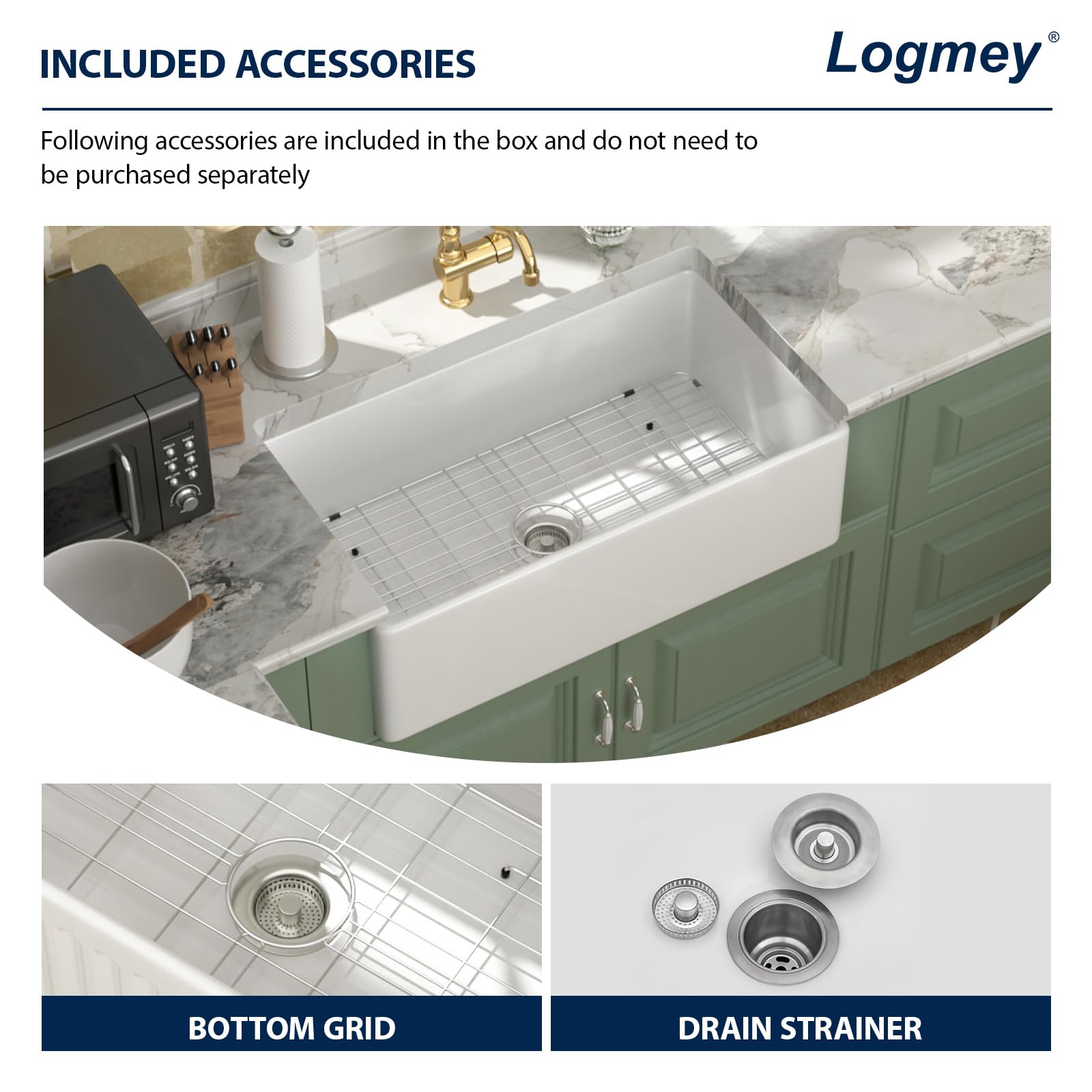 Logmey 33 In White Fireclay Farmhouse Sink with Pop-up Drain & Reversible Design 33x18x10 Durable Ceramic Apron Front Sinks,Easy to Clean,Scratch & Heat Resistant,Ideal for Traditional & Country Style