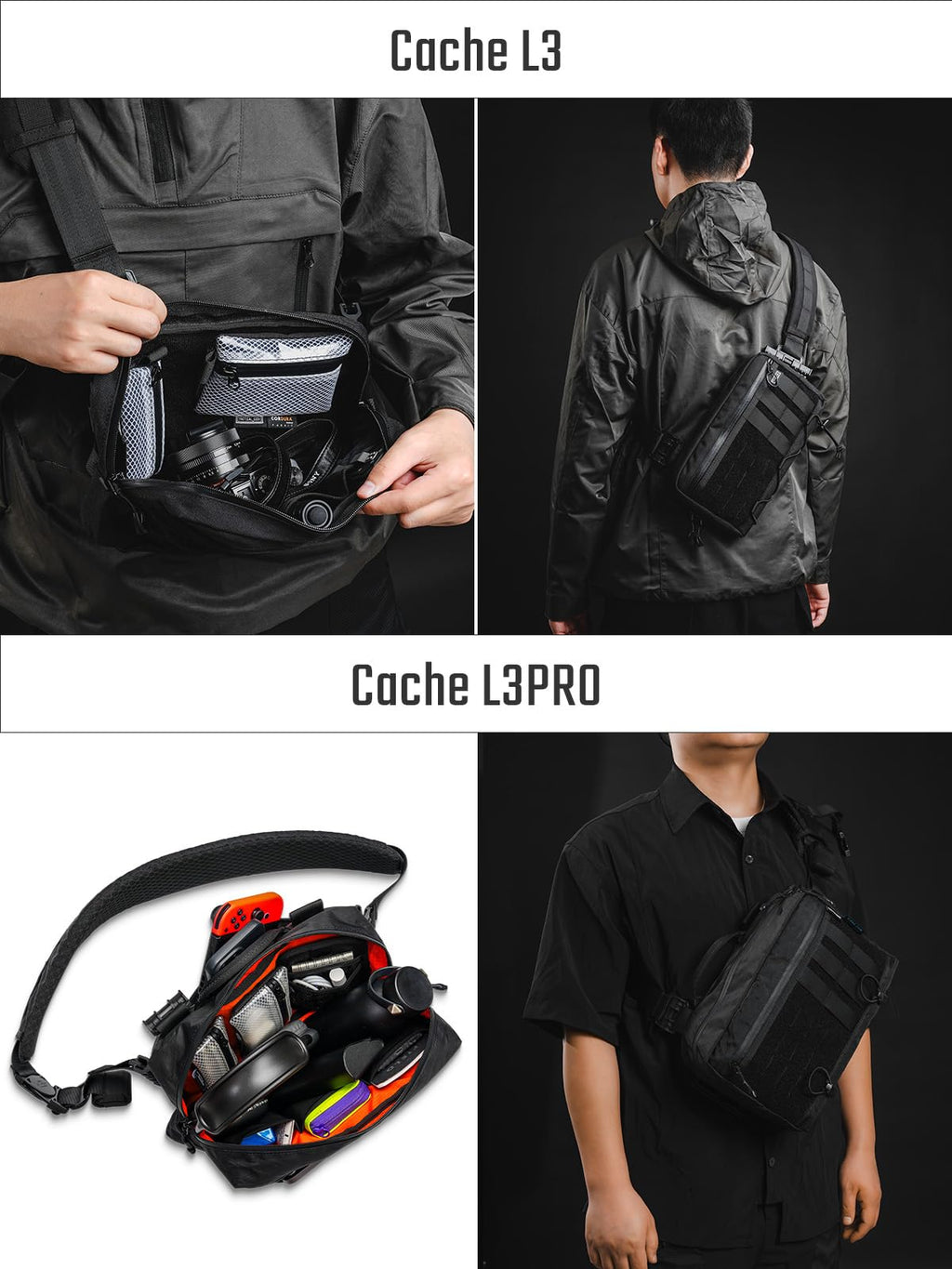 TACTICAL_GEEK L3 Pro EDC Crossbody Bag, Chest Bag with Adjustable Strap,Daily Carry Sling Pack, Large Capacity Daypack Organizer for Camera, Drones（X-PAC Black）