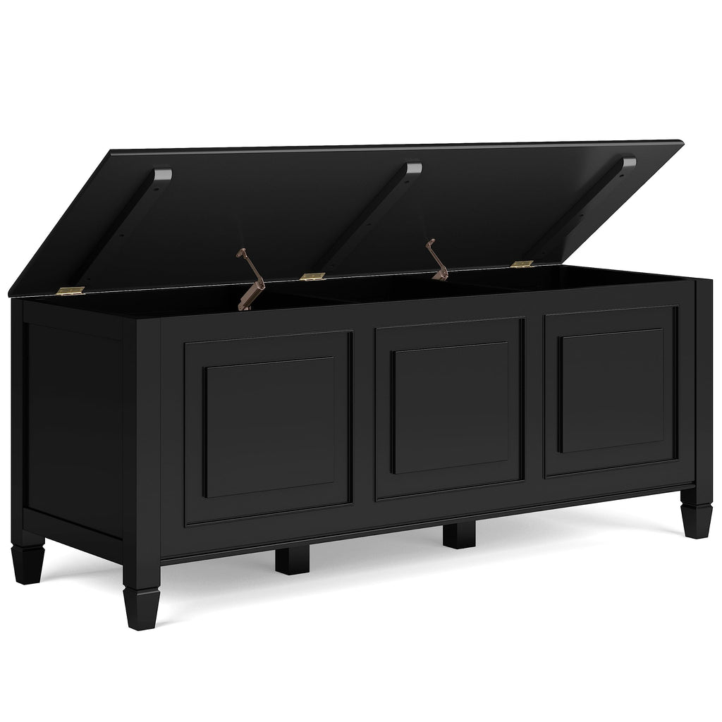 SIMPLIHOME Connaught Storage Bench - 51 inch Wide Solid Wood Trunk Bench in Black, Traditional Bench for Entryway with Lift-Up Lid and 3 Hidden Compartments