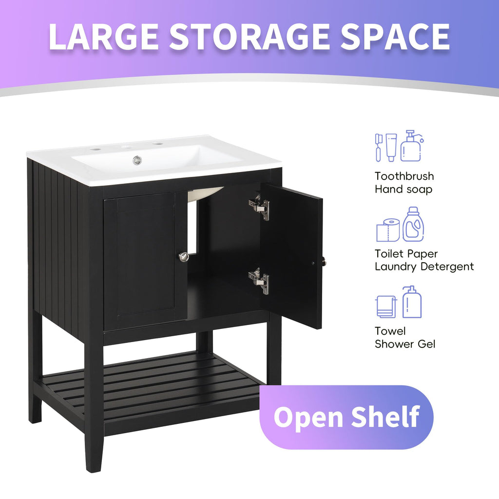 24" Bathroom Vanity with Ceramic Sink Top Set, Cabinet with Adjustable Shelf and Open Storage Space, Soft-Closing Door, Solid Wood Frame, Black