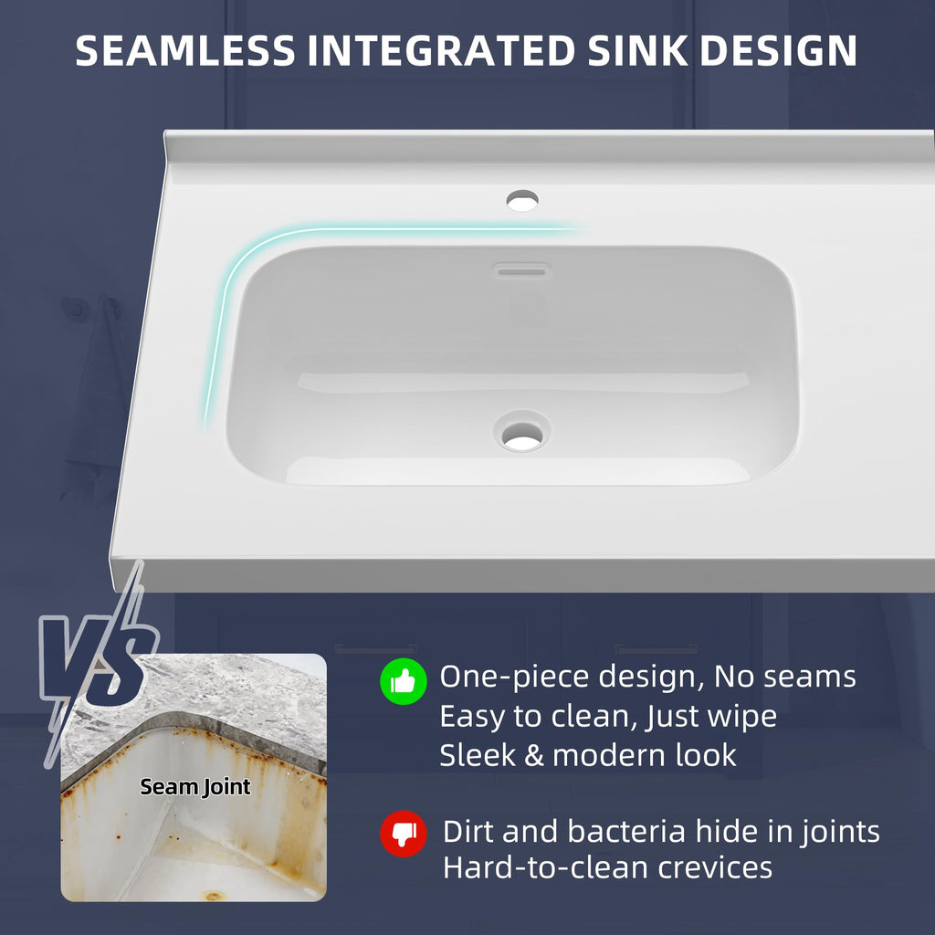 72 x 22 White Vanity Top with Sink Solid Surface Bathroom Vanity Sink Top with Double Sink Integrated Basin Backsplash and Overflow in Glossy Pure White, Cabinet Not Included