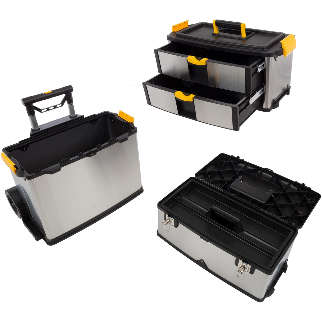 3-Part Portable Tool Box - Stainless-Steel Drawer Organizer with Wheels, Extendable Handle and Tough Latches - Rolling Tool Chest by Stalwart (Silver)