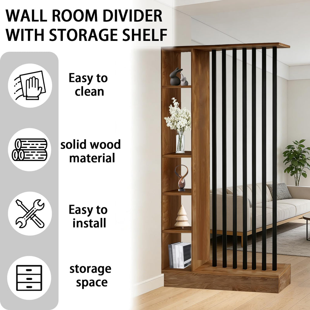 Room Divider with Shelves, Wall Room Divider with Storage Shelf, Easy to Assemble, Suitable for Home and Office Decoration (A Golden Oak + Black, 39.4in)